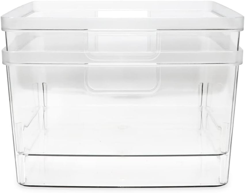 Isaac Jacobs 2-Pack Square Clear Storage Bins (10” L x 10” W x 6.1” H) w/Cutout Handles, Plastic Organizer for Home, Office, Kitchen, Fridge/Freezer, Bathroom, BPA Free, Food Safe (2-Pack, Square)