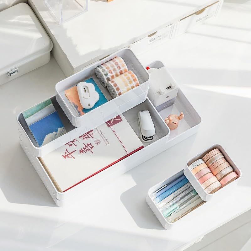 RAUVOLFIA Plastic Stackable Office Desk Drawer Organizers,Multi-size Trays,Small Makeup Vanity Storage Bins and Office Desk Drawer Dividers (White-5 Pack)