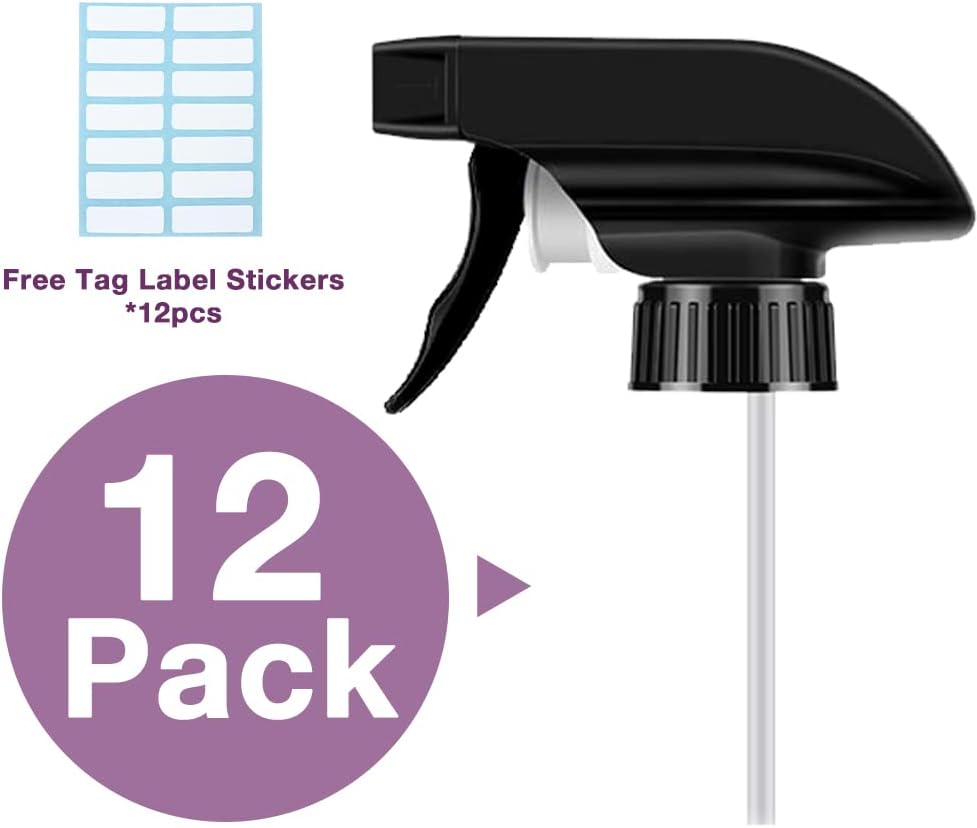 AMORIX 12PCS Spray Bottle Nozzle Trigger Sprayer Black Spray Top - Heavy Duty Replacement Nozzle with Mist Stream Sprayer, Fits 28/400 Boston Spray Nozzle for Bottles, Gardening, Cleaning Solutions