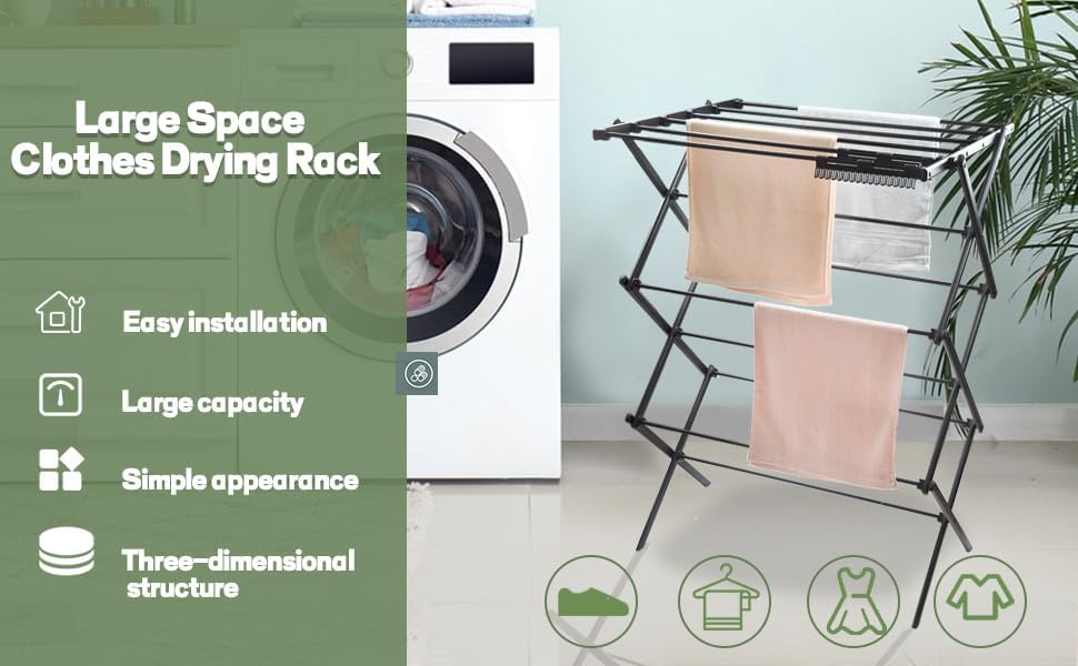 3 Tiers Foldable Clothes Drying Rack, Vertical Laundry Rack Portable and Collapsible for Storage Indoor Outdoor,Pure Black