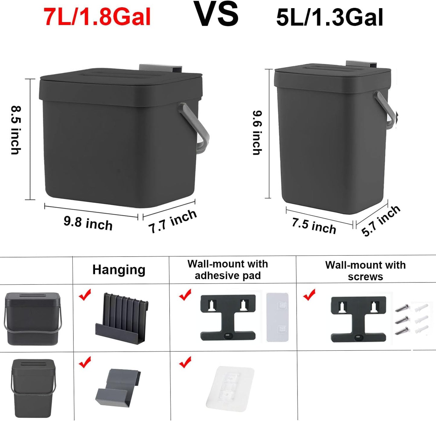 Kitchen Trash Can with Lid, LALASTAR Wall-Mounted Under Sink Small Garbage Can for Kitchen, Bathroom, Compost Bin Countertop, Cabinet Trash Can Hanging, 1.8 Gallon, (Black, 7L)