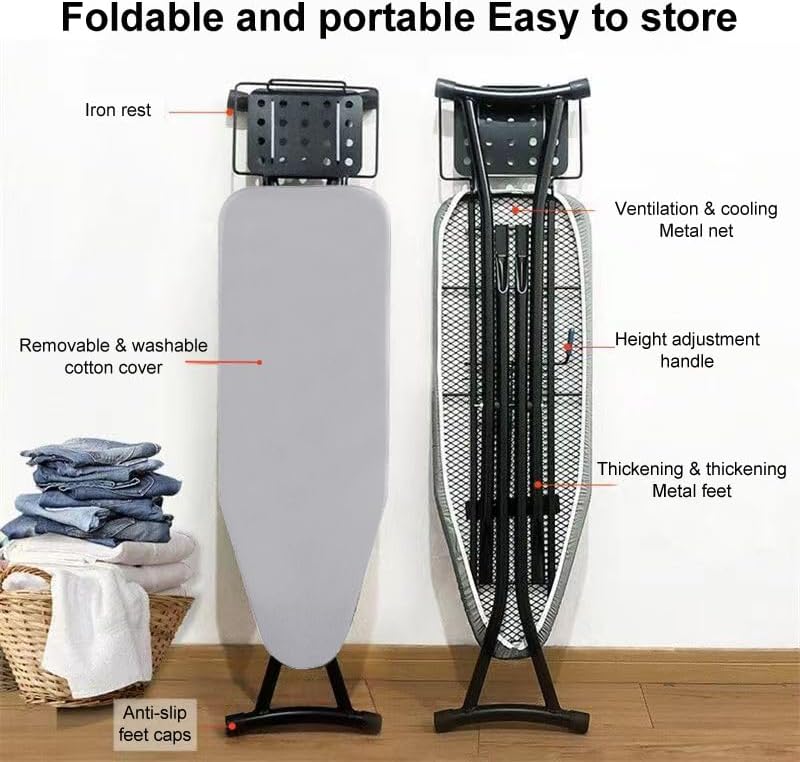 Ironing Board Full Size,Heavy Duty Small Iron Board with Heat Resistant Cover, Iron Rest - No Assembly Required (43 x 12 x 32 Inches) (Gray)