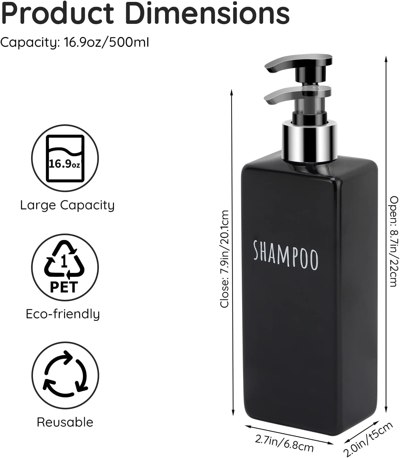 Segbeauty Shower Soap Dispenser Black, 3pcs 16.9oz Empty Refillable Bathroom Press Pump Bottles, 500ml Reusable Plastic Square Shampoo Conditioner Body Soap Dispenser Set for Modern Kitchen Home Decor
