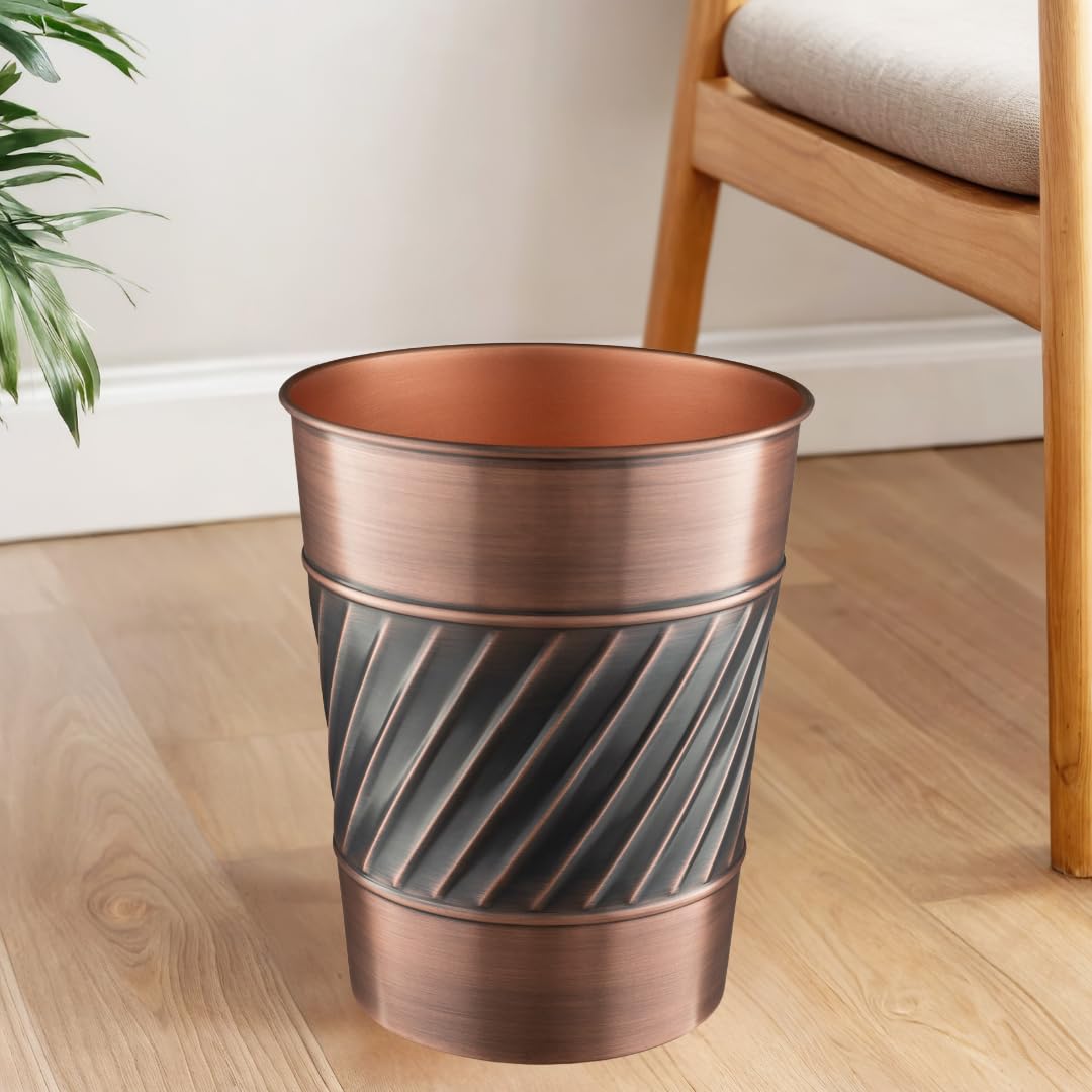 Monarch Abode Metal Wastebasket Trash Can, Handcrafted, Wave Embossed, Bathroom Decor, Antique Copper Finish
