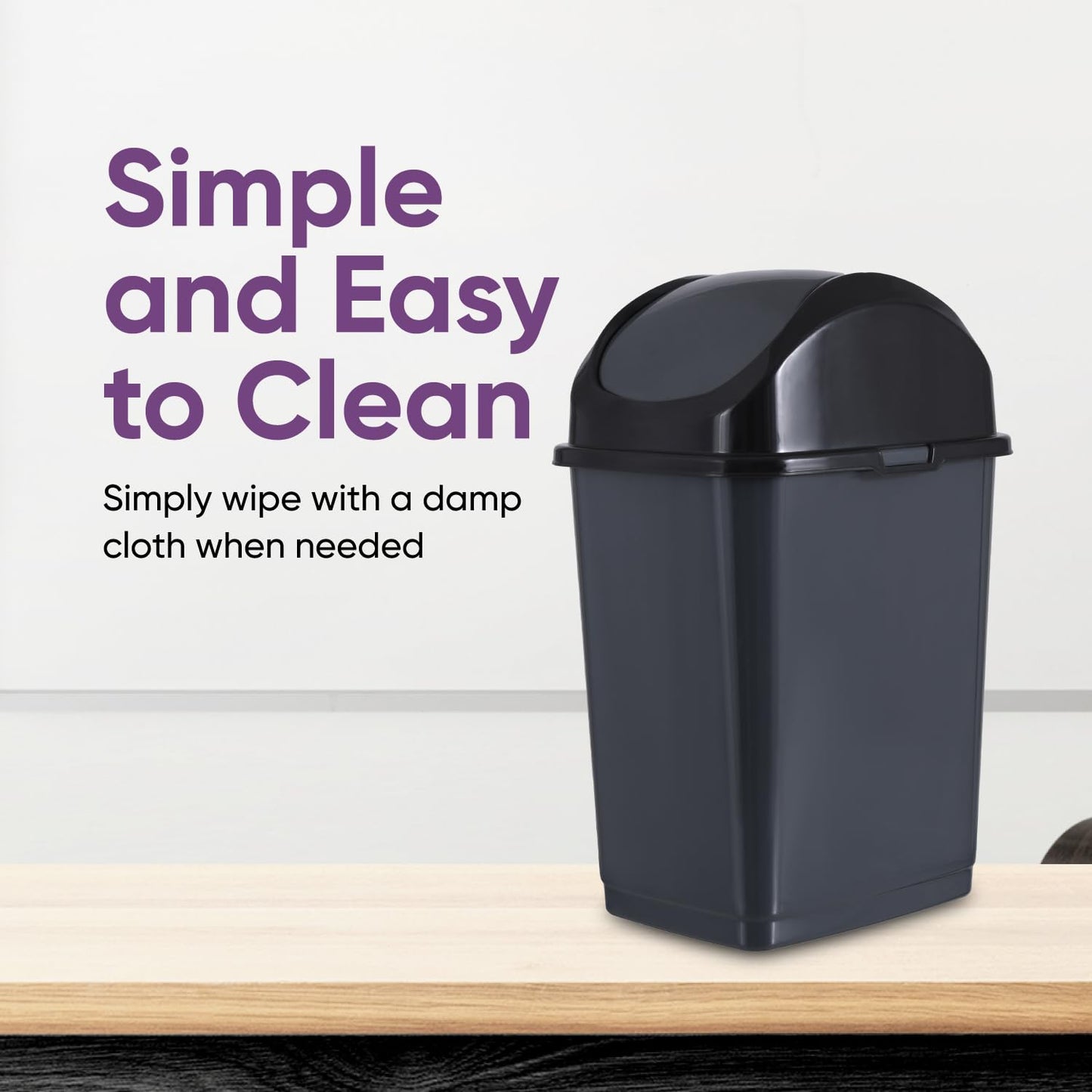 Superio Small 2.5 Gallon Plastic Trash Can with Swing Top Lid, Compact, Slim Waste Bin for Under Desk, Office, Bedroom, Bathroom, Dorm Room, 10 Qt. Portable Garbage Can (Dark Gray, 2