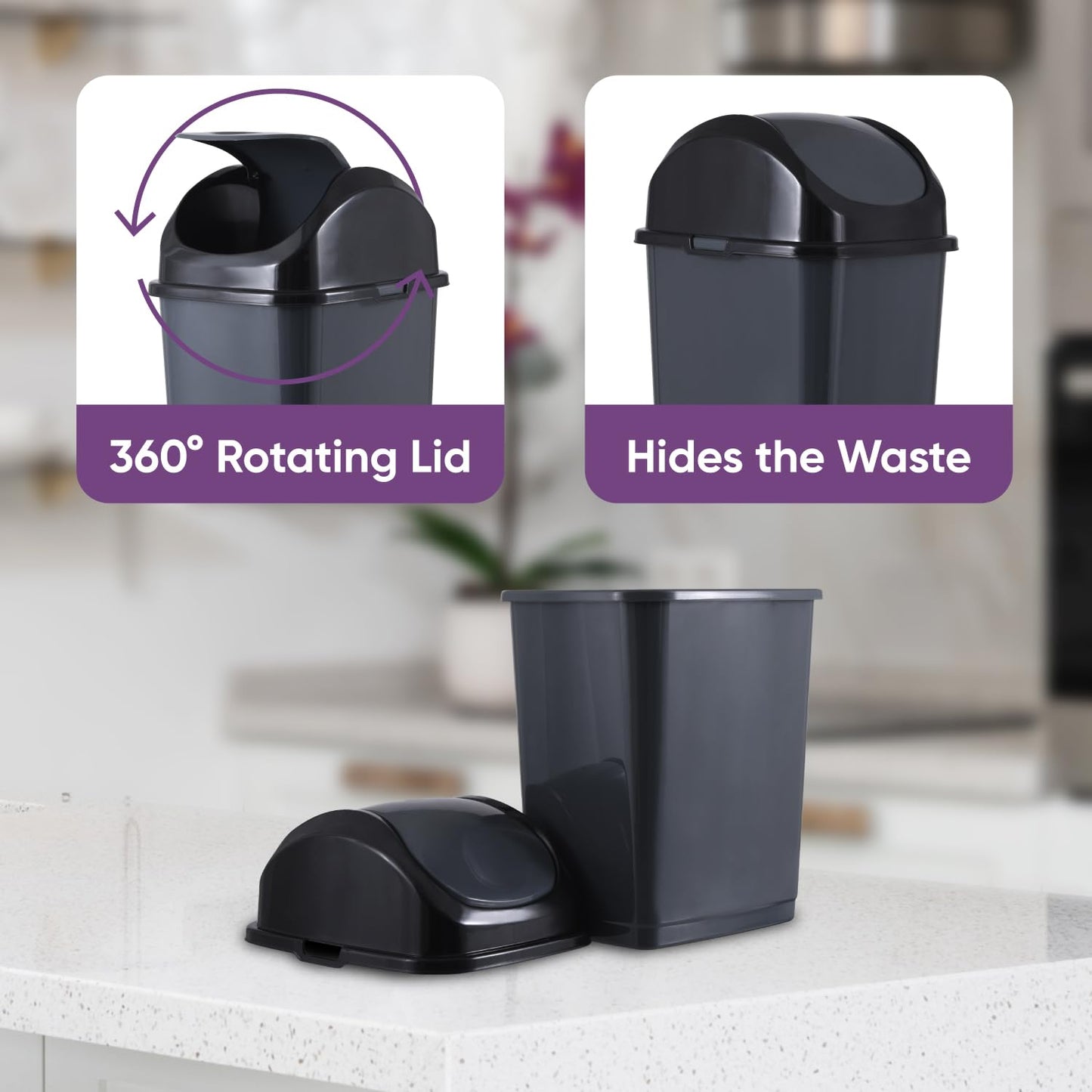 Superio Small 2.5 Gallon Plastic Trash Can with Swing Top Lid, Compact Slim Waste Bin for Under Desk, Office, Bedroom, Bathroom, Dorm Room, 10 Qt. Portable Garbage Can (Dark Grey, 2 Pack)