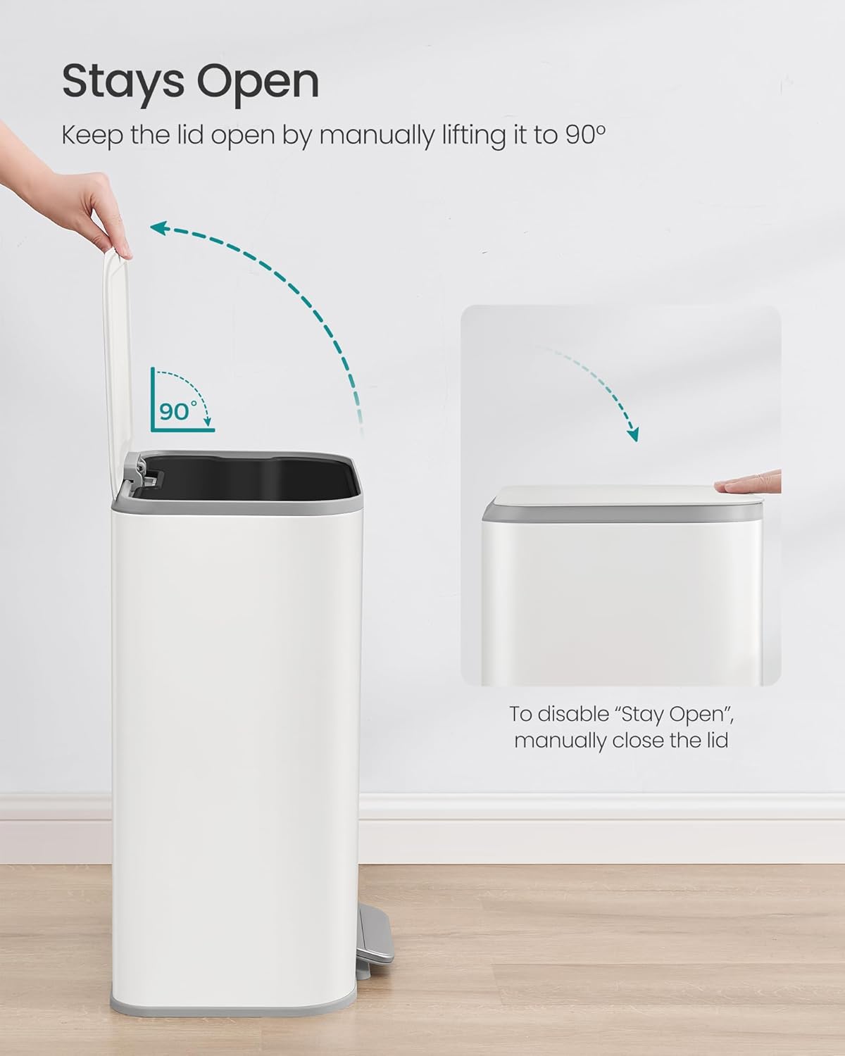 SONGMICS Kitchen Trash Can, 13-Gallon (50 L) Garbage Can with Lid, Stainless Steel, Soft Close and Stays Open, Inner Bucket, Wide Non-Slip Pedal, Cloud White ULTB547W01