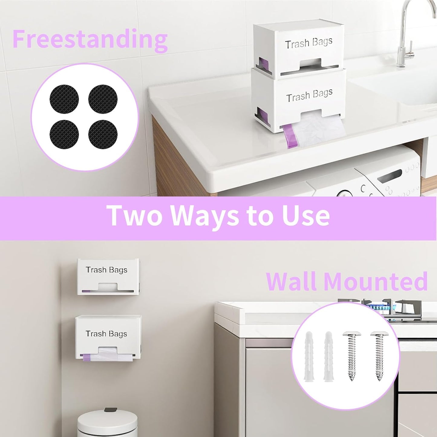 2-Pack Trash Bag Holder Dispenser, Stackable Garbage Bag Dispenser, Extra Large Trash Organizer for Kitchen Laundry Under Sink, Wall Mounted or Freestanding, Metal White