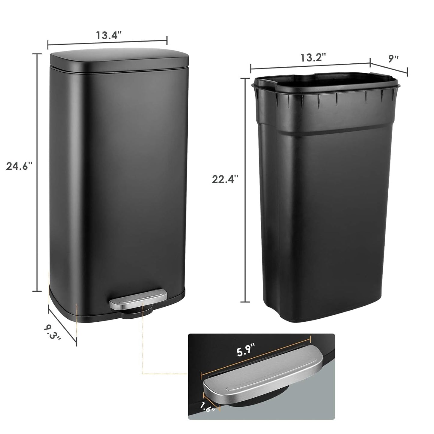 AthLike Trash Can, Stainless Steel Kitchen Garbage Can, Step Waste Bin with Hinged Lid and Removable Inner Bucket, Soft-Close, Dustbin for Bathroom Bedroom Living Room Home (Black, 8 Gal)