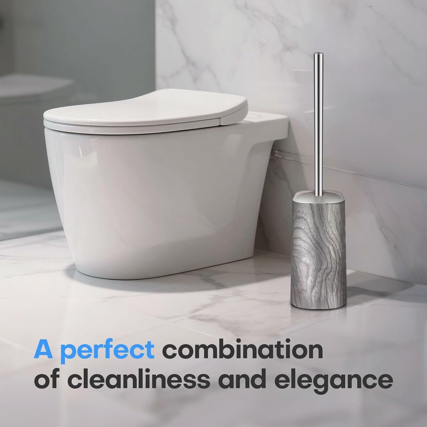 Marble Colored Toilet Brush and Holder Set,Stainless Steel Long Handle and Marble Colored Base for Bathroom Deep Cleaning,Space Saving for Storage,Drip-Proof,Black