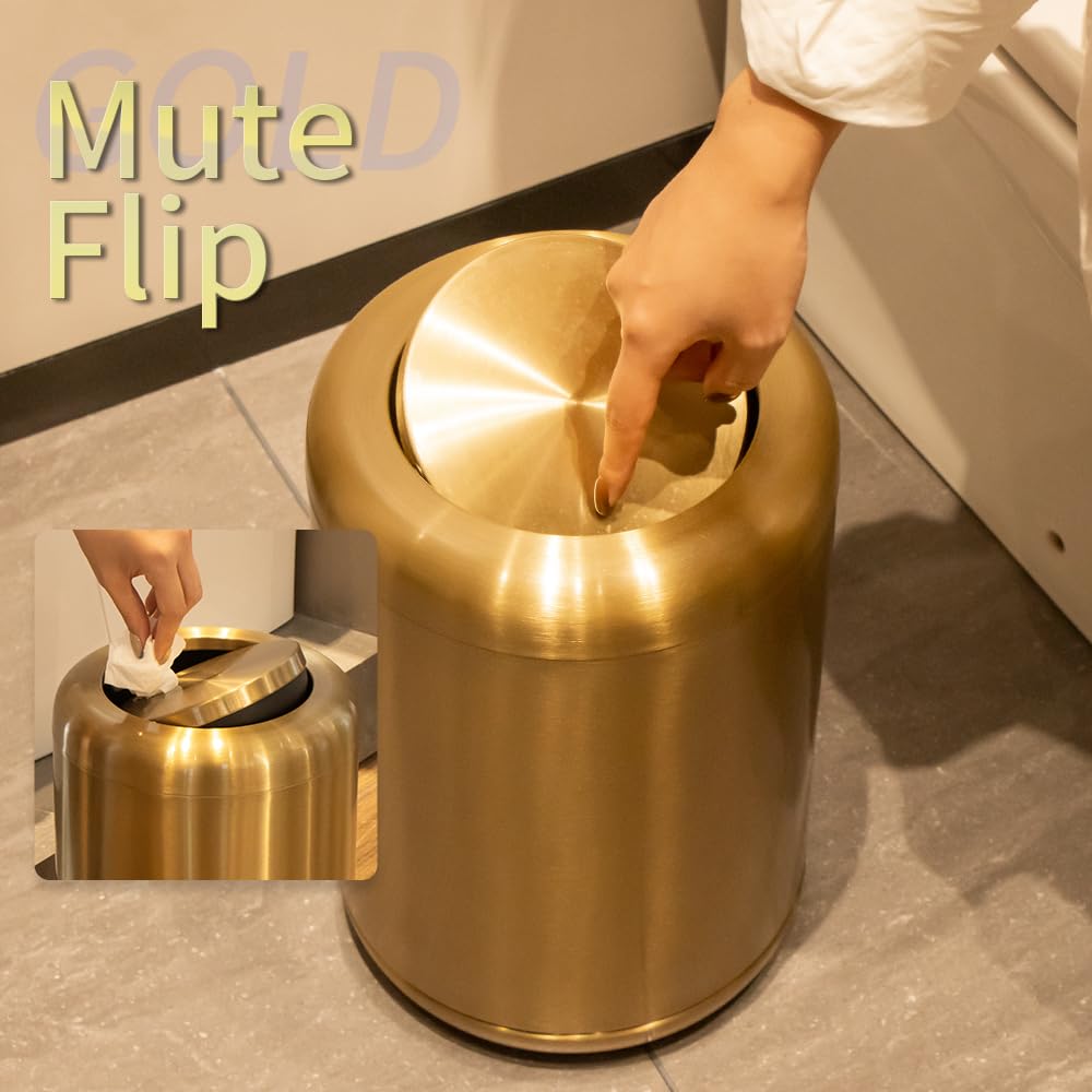 Waste Can 3 Gallon with Swing Lid,Brushed Stainless Steel Gold Trash Can,Metal Cylindrical Garbage Can,Brass Wastebasket Bin for Bathroom,LivingRoom,Office,Kitchen,Bedroom,Hotel (Gold)