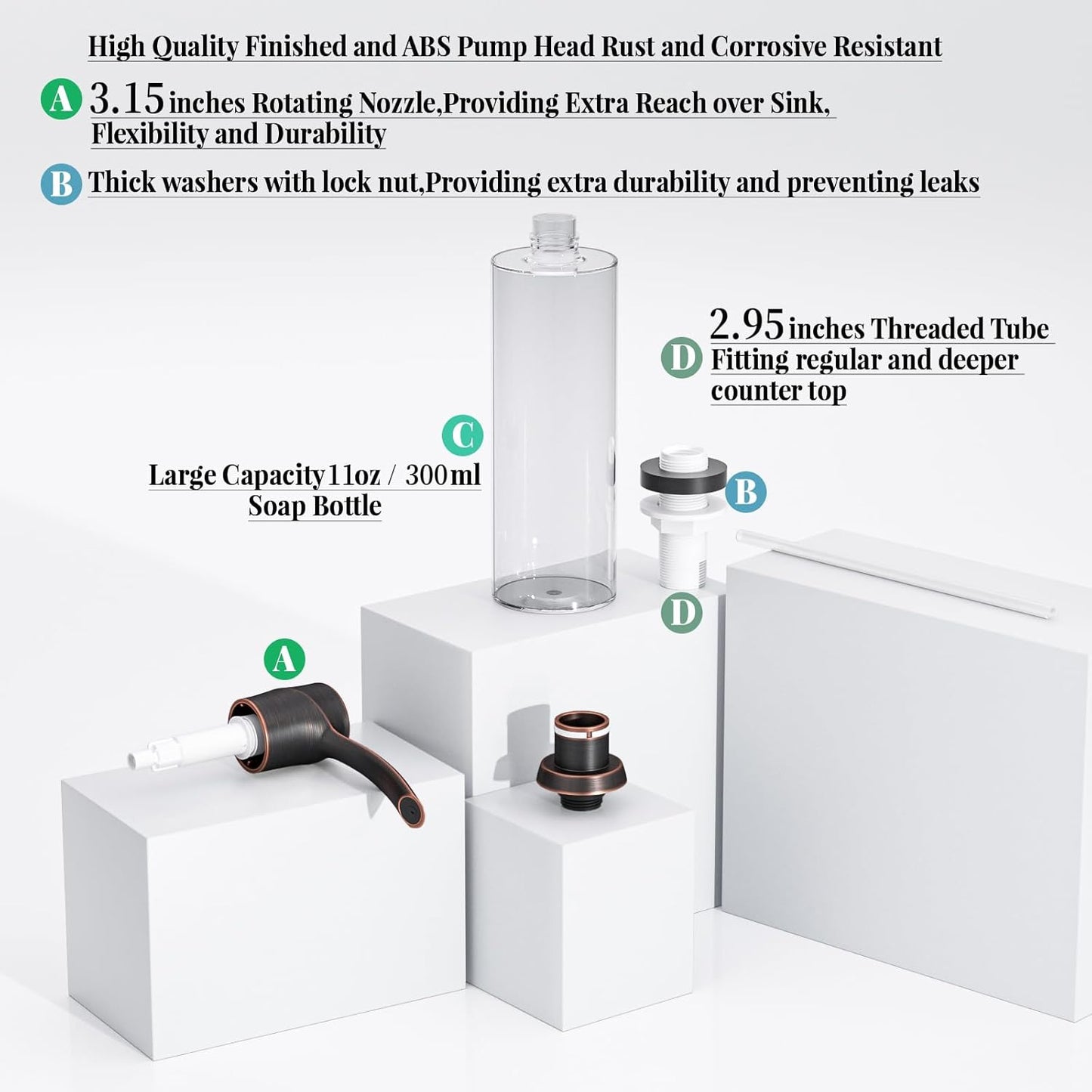 SAMODRA Kitchen Sink Soap Dispenser Oil Rubbed Bronze Built-in Soap Dispenser,ABS Dispenser Pump Head with 11 oz PET Bottle, Refill from Top