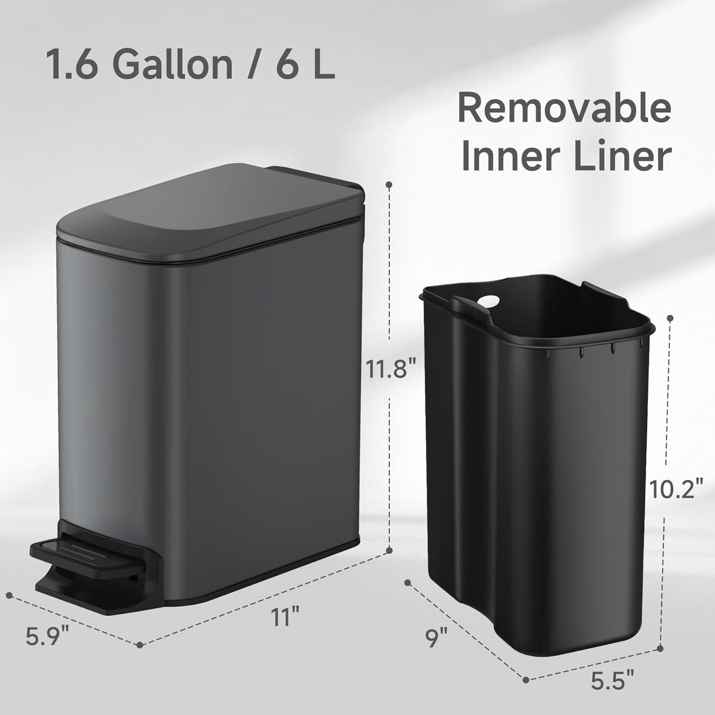 TIPGO Slim Bathroom Trash Can with Lid Soft Close, 6 Liter / 1.6 Gallon Stainless Steel Garbage Can with Removable Inner Bucket, Step Pedal, Small Trash Cans for Bedroom, Office, Kitchen (Grey)