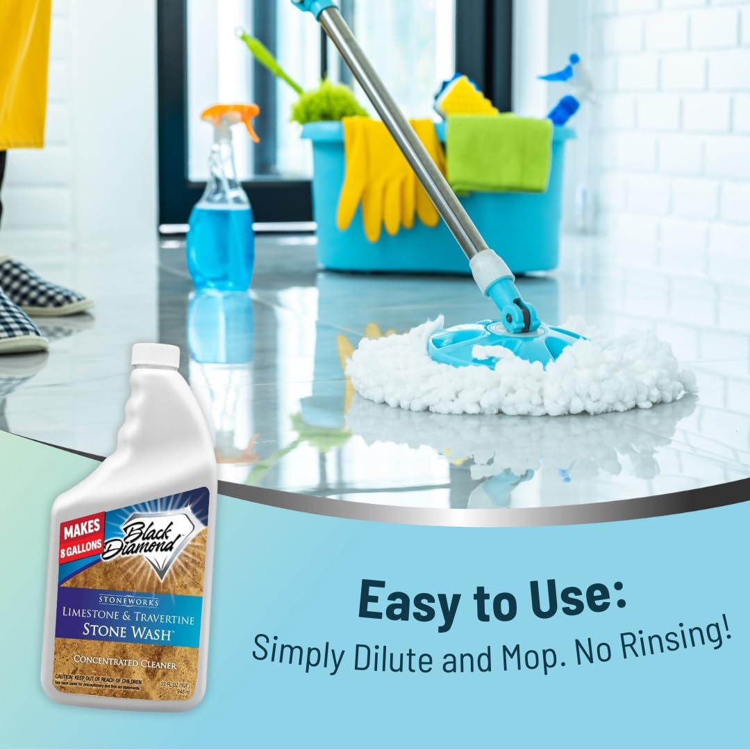 Black Diamond Stoneworks Limestone and Travertine Floor Cleaner: Natural Stone, Marble, Slate, Polished Concrete, honed or tumbled surfaces. Concentrated Ph. Neutral. (1-Quart)