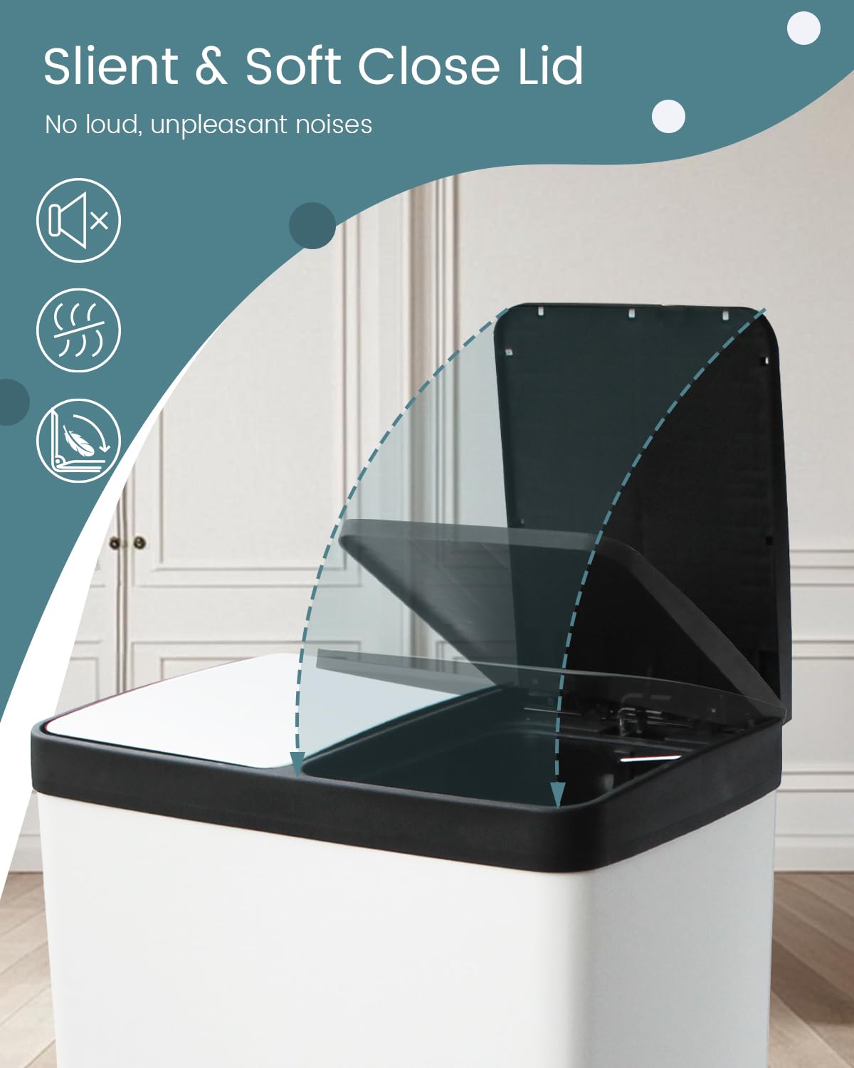 Dual Compartment Stainless Steel Trash Can, 16 Gallon / 60 Liters White Kitchen Garbage Bin with Silent Sealed Lids, Dual Recycling and Trash White for Home & Office