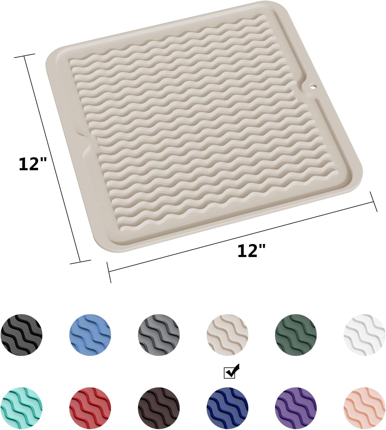 ZLR Silicone Dish Drying Mat for Kitchen Counter, Eco-Friendly Fast Dry Dish Mat, Easy Clean Multi Usage Drying Matt, Heat Resistant Trivet, 12" x 12" Middle, Cassava White