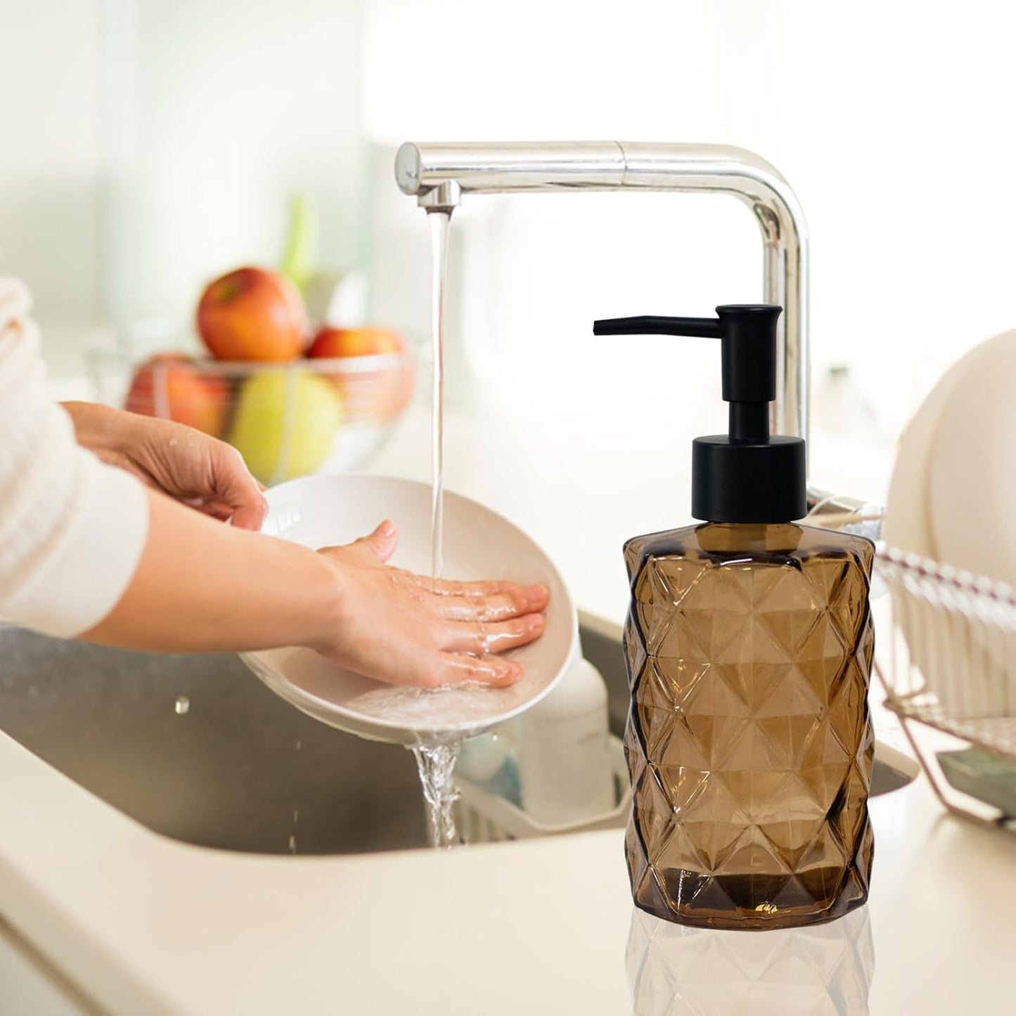 Brown Bathroom Soap Dispenser with Black Plastic Pump, 12oz Glass Lotion Dispenser, Crystal Hand Soap Dispenser for Modern Home Decor, Kitchen Countertop, Hotel