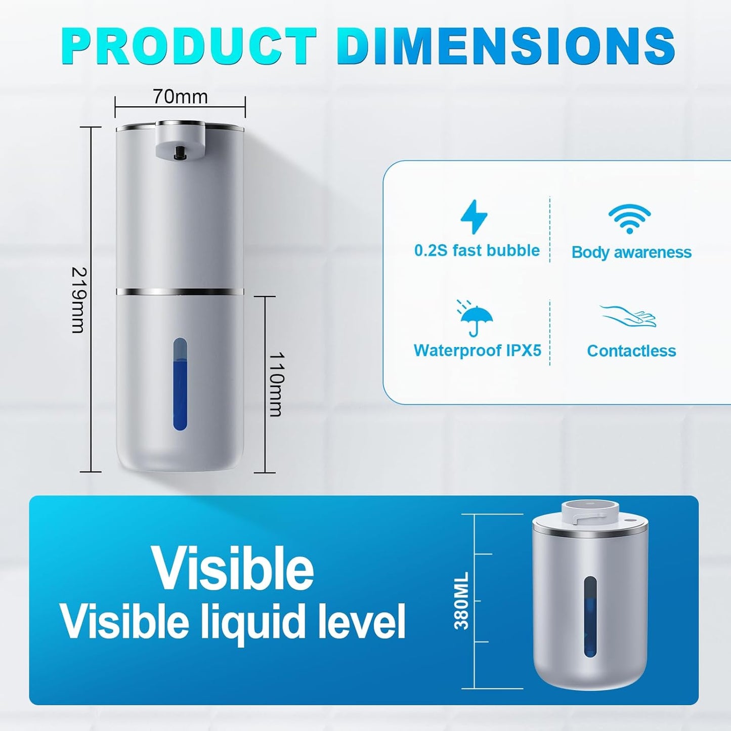 Automatic Liquid Soap Dispenser,380ml Wall Mount Touchless 4 Gear Adjustable Electric Liquid Soap Dispenser,USB Rechargeable with Sensor for Bathroom,Kitchen,Office