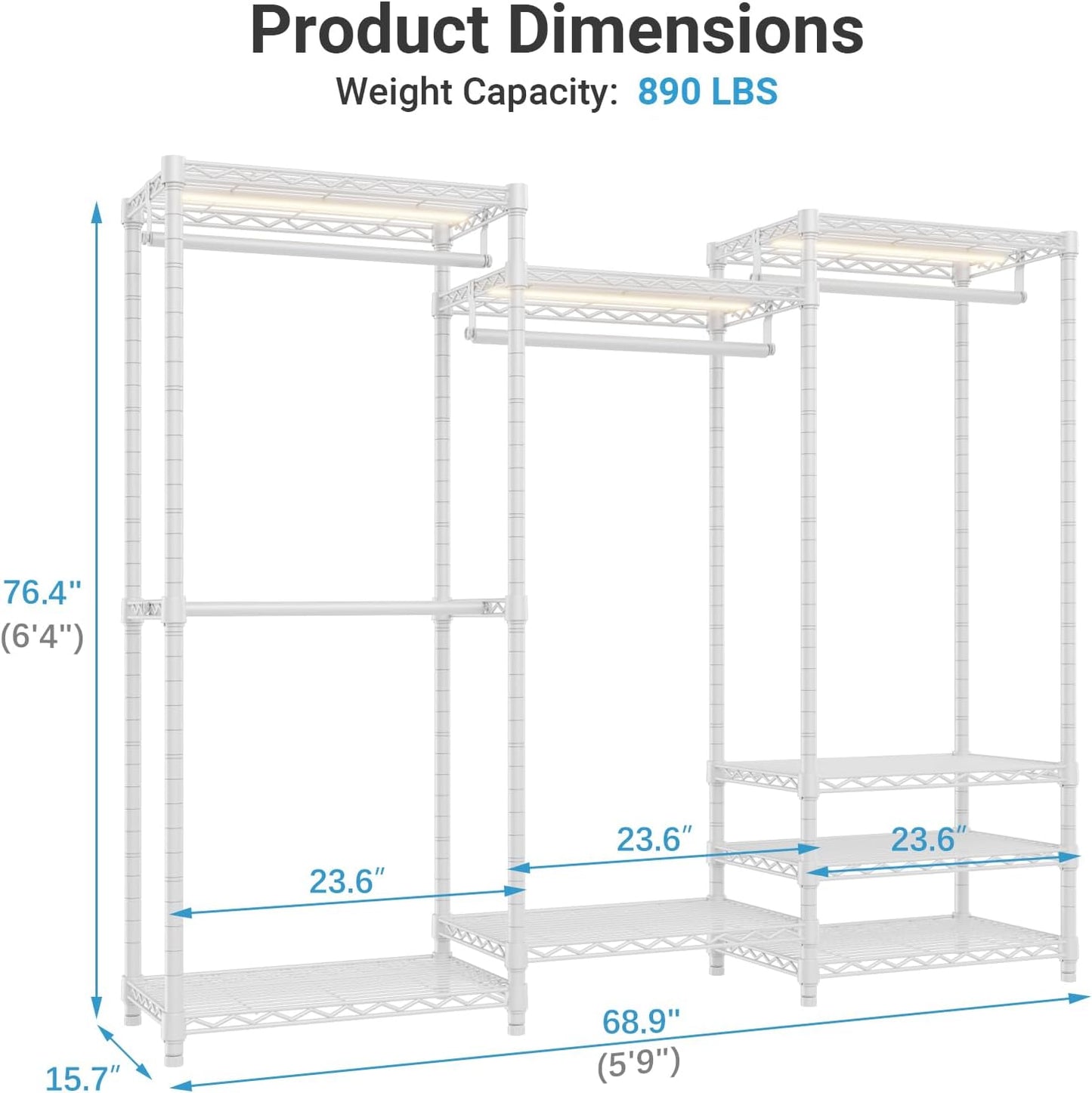 VIPEK V5L Garment Rack Heavy Duty Clothes Rack with Dimmable LED Lights, 3000K Warm White, Portable Closet Wardrobe Freestanding Metal Clothing Rack for Hanging Clothes, Max Load 890lbs, White