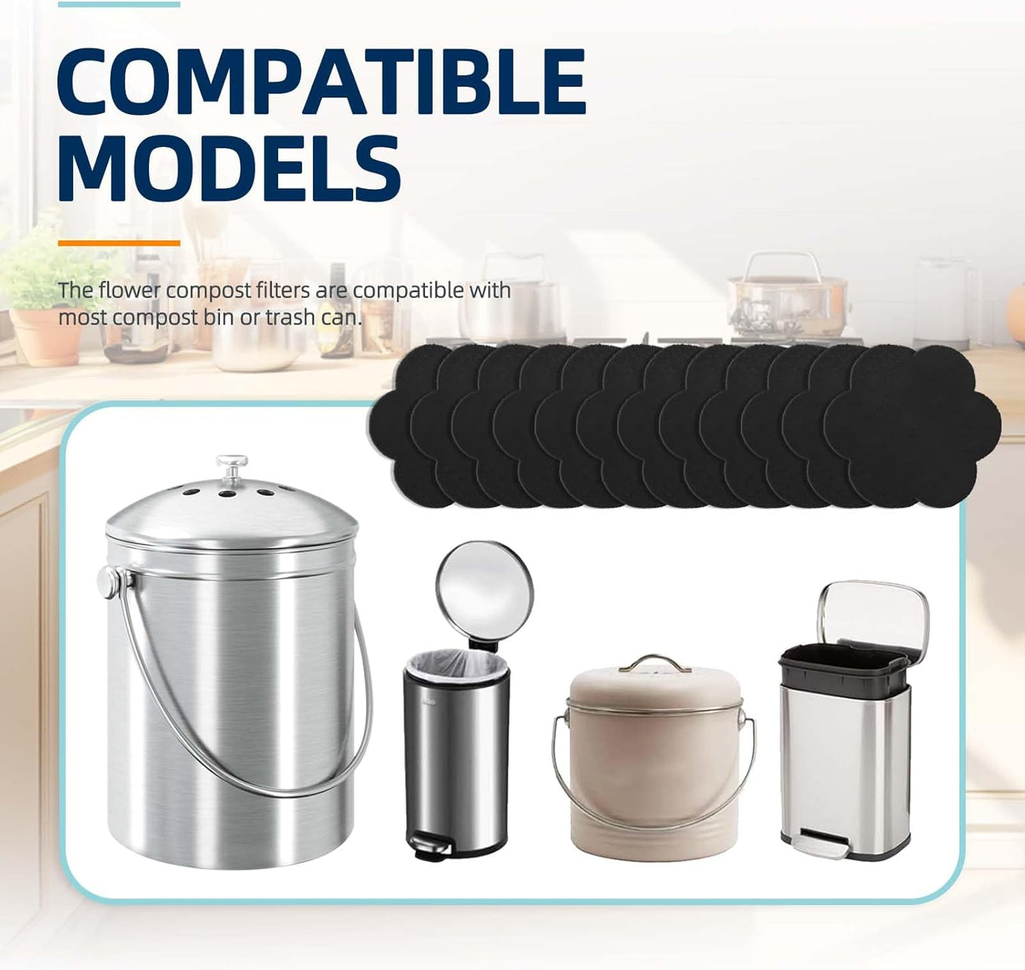 Trash Can Odor Absorbing Filters: Activated Charcoal Deodorizer Sheet for Kitchen Trash Can, Compost Bin, Diaper Pail, Garbage Can - Air Freshener - 12 Replacement 6.7" Flower Shape