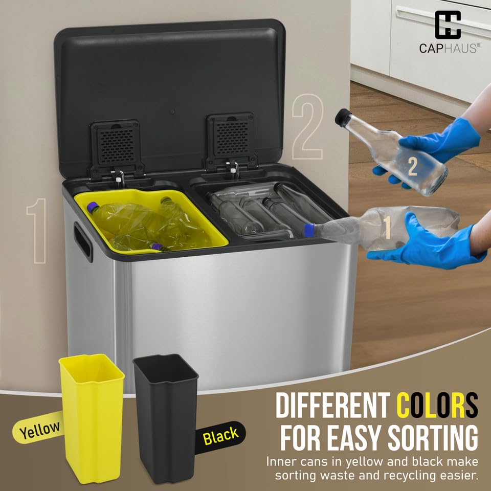 CAPHAUS Black Dual Trash Can w/Single Lid, Trash & Recycle Bins Combo, Hands-Free Stainless-Steel Garbage Can for Kitchen, with 2 Compartment, Hinged Lid, Odor Filters, Handles, 25L+25L, 2 x 6.6 Gal