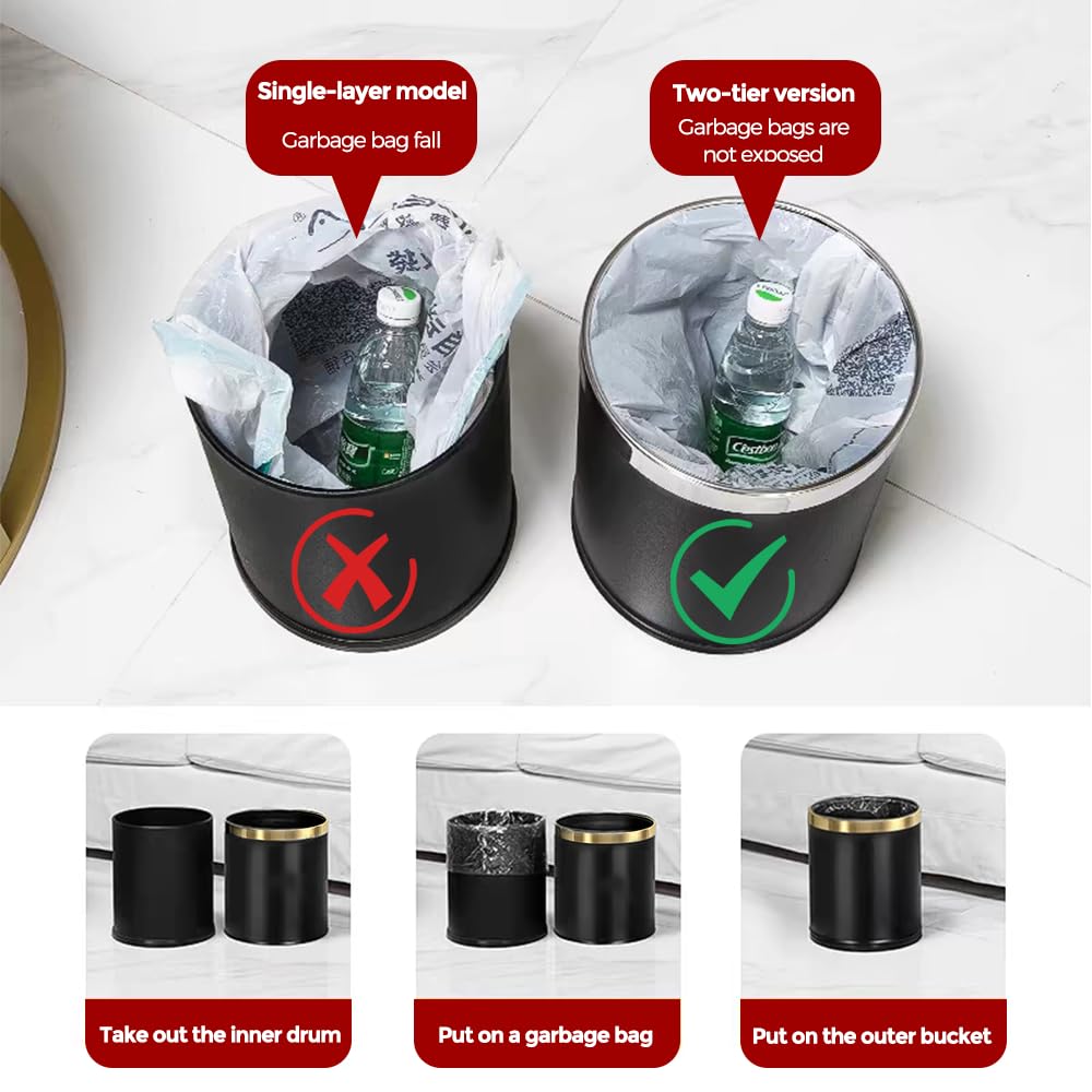 10L/2.6GAL Black and Gold Open Top Trash Can - Metal Trash Bin Without Lid for Office, Hotel, Store, Restaurant