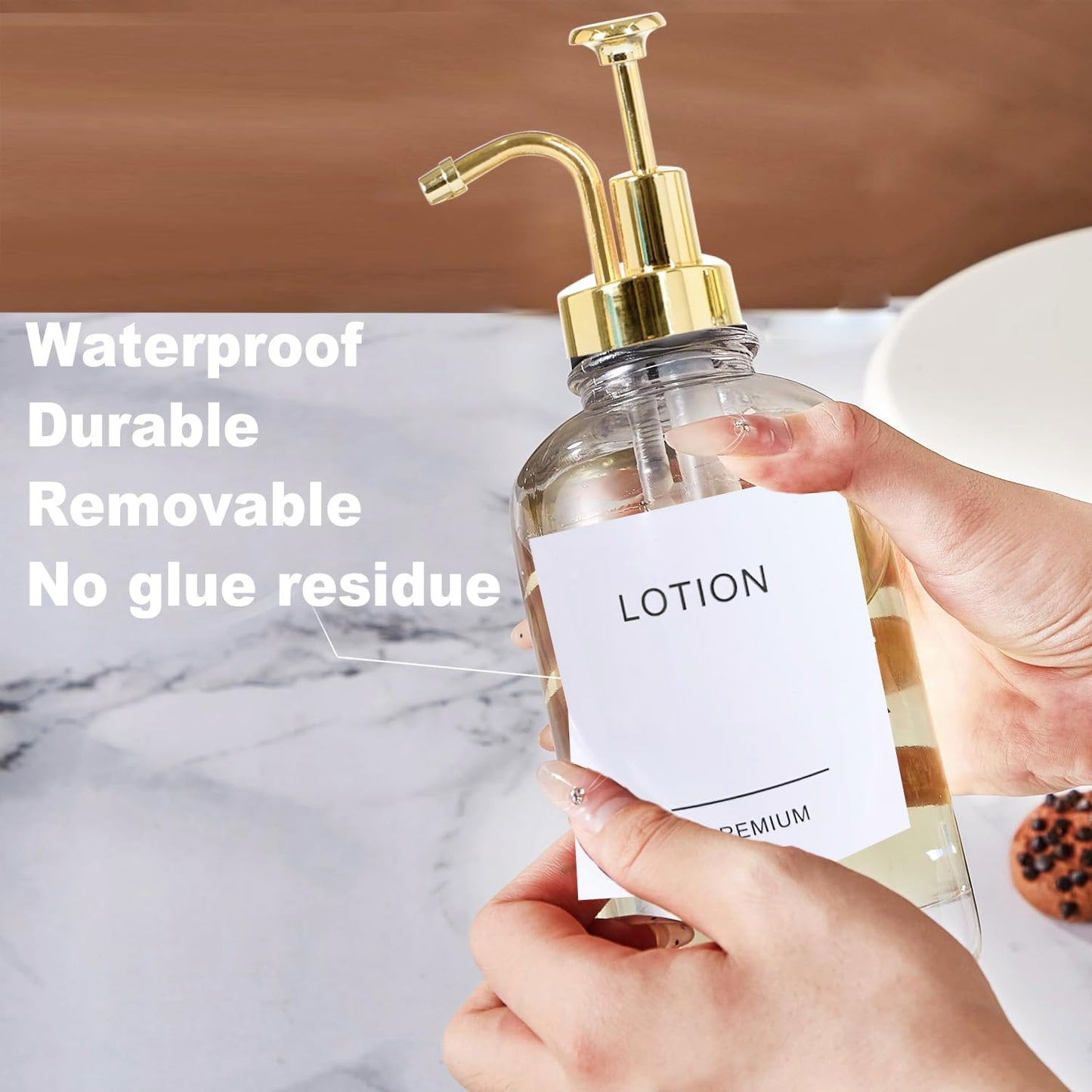 12oz Dish Soap Dispenser for Kitchen, Hand Glass Soap Dispenser Set with Pump, Tray, Funnel for Bathroom, Shower, Laundry, Liquid, Lotion (Gold 2 Pack Clear Bottles with 12 Stickers)