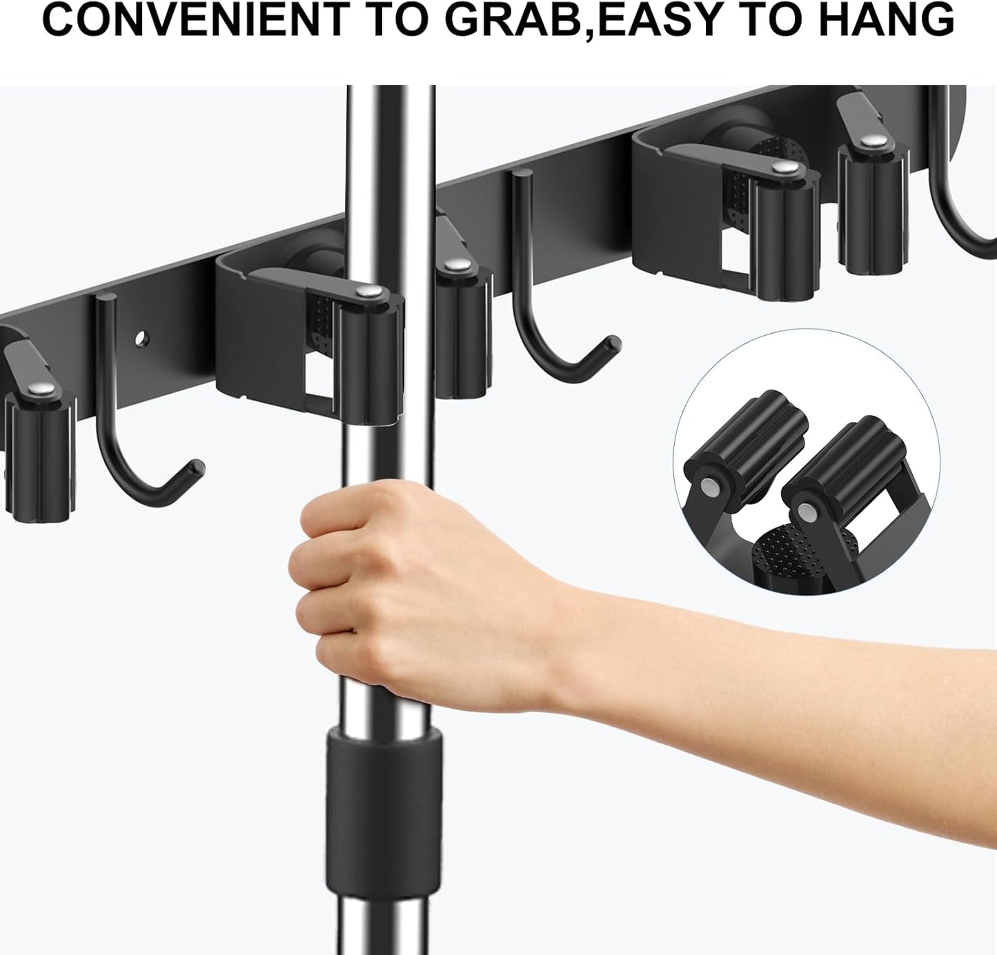 nacena Broom holder Wall Mount, 2-Pack Black Stainless Steel Self-Adhesive Mop and Broom Hooks Heavy Duty Broom and Mop Storage Rack laundry room organization for Kitchen Garden garage