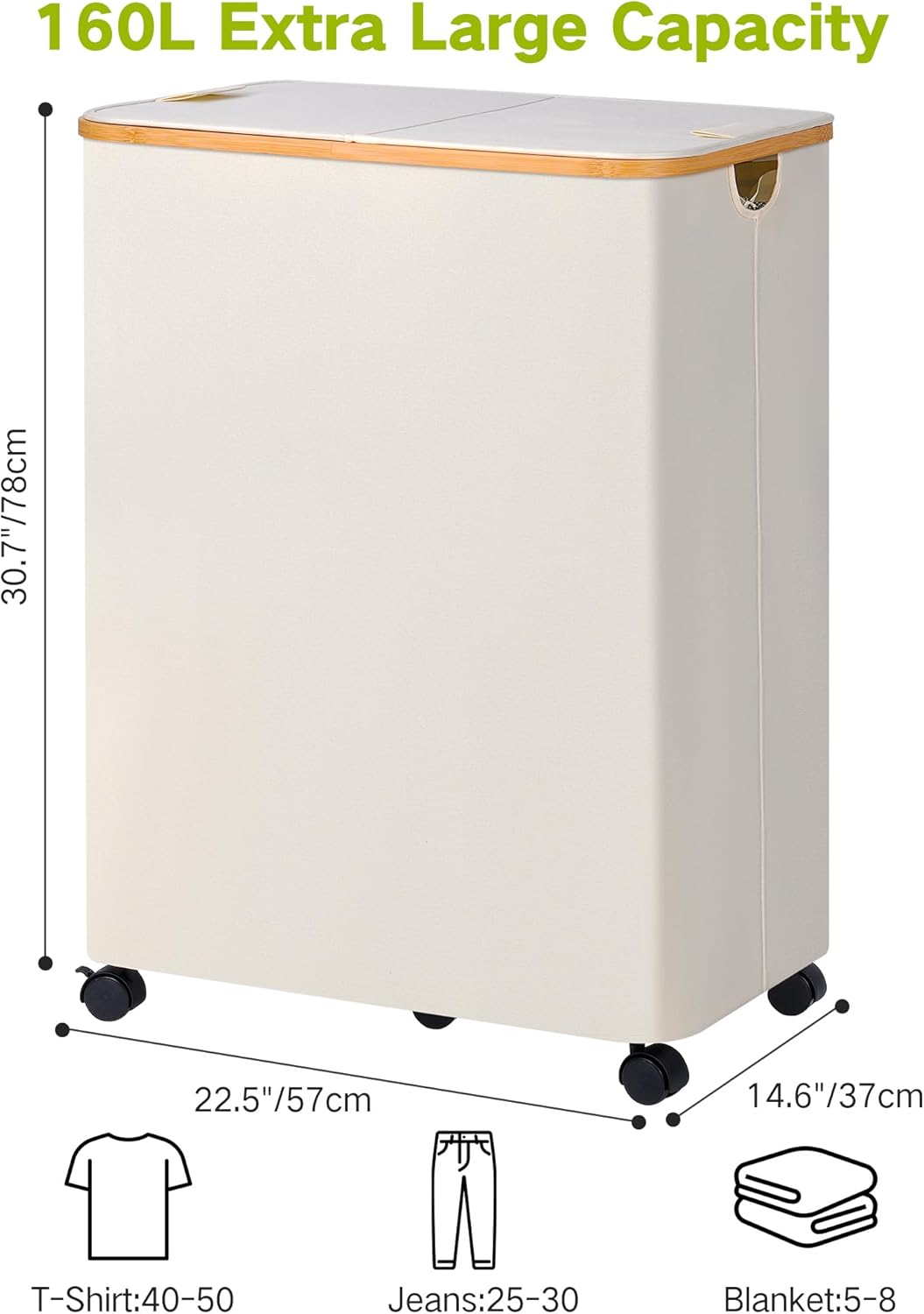 efluky Double Laundry Hamper with Wheels, Divided Laundry Hamper with Removable Bags, 2 Section Dirty Clothes Basket with Handles for Bathroom, Bedroom & Laundry Room, 160L Beige