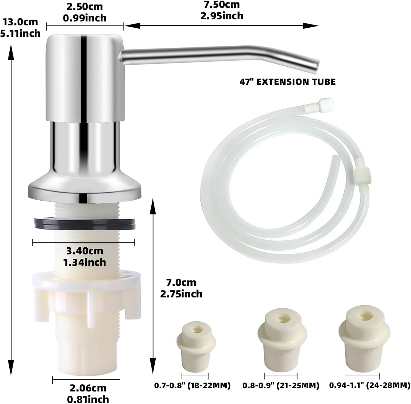 Soap Dispenser for Kitchen Sink, Built in Sink Soap Dispenser, Countertop Soap Dispenser Pump with 47" Extension Tube kit, No Need to Fill Little Bottle Again, Chrome