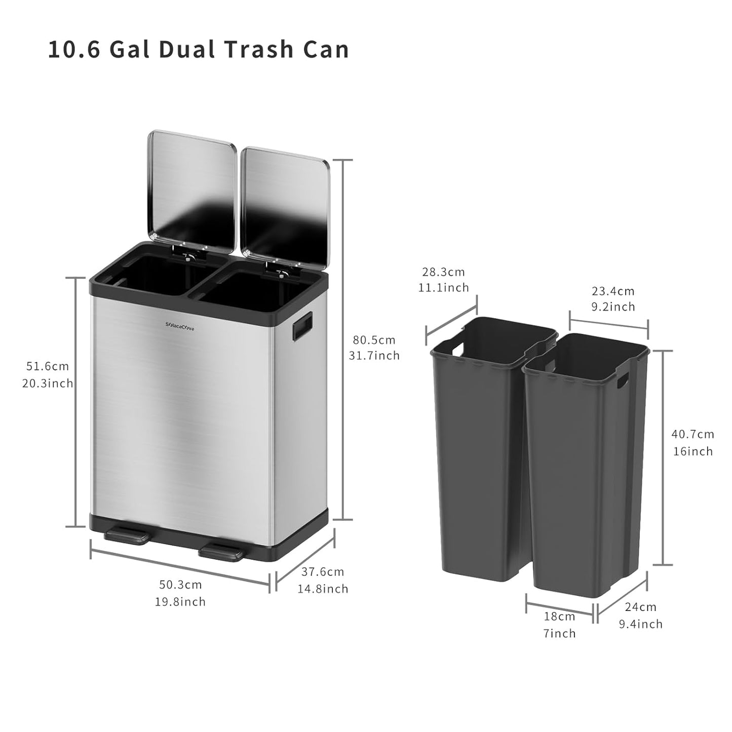 Kitchen Trash Can, 2 x 5.3 Gallon Garbage Can for Kitchen, Dual Compartment Recycling Trash Can, Trash and Recycle Bin Combo, Stainless Steel, Soft-Close Lid, Fingerprint Proof