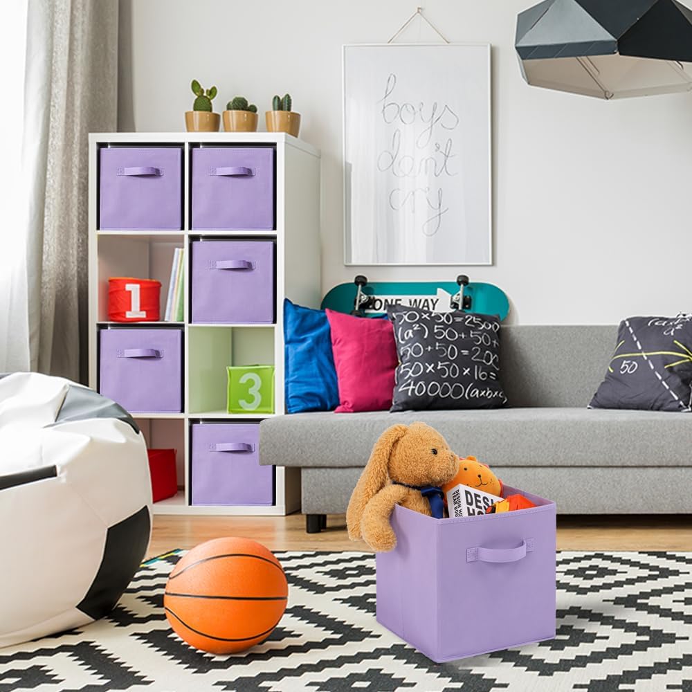 Stero Fabric Storage Bins 6 Pack Fun Colored Durable Storage Cubes with Handles Foldable Cube Baskets for Home, Kids Room, Closet and Toys Organization Purple