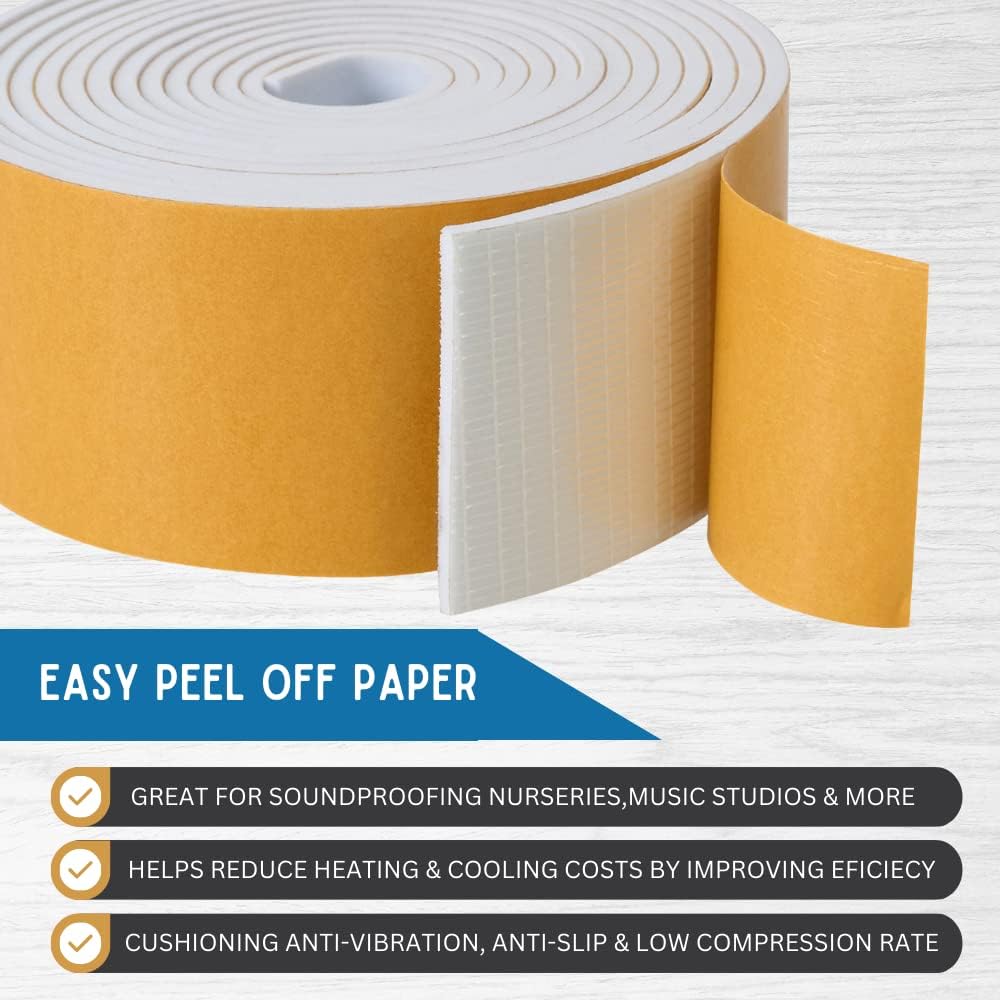 High Density Foam Weather Stripping Door Seal Strip Insulation Tape Roll for Insulating Door Frame, Window, Air Conditioner | Self Adhesive Sealing Weatherstrip (3 in x 1/4 in x 10 Ft, White)