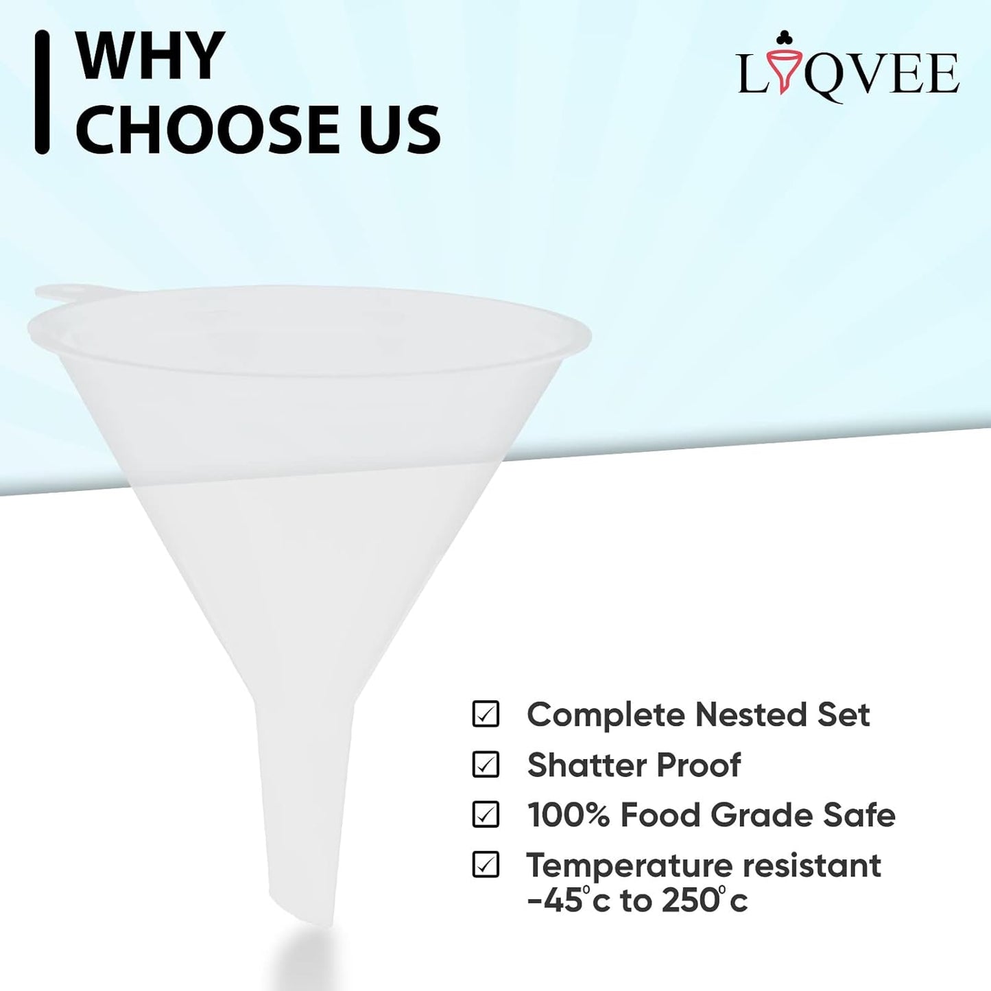 Funnel Set (4 Sizes: 122, 101, 76, 50mm) - Durable, Non-Toxic, Food-Grade Plastic funnels for Filling Bottles and containers. Ideal for Kitchen, Garage, or Labs. Perfect for Precise Pouring.