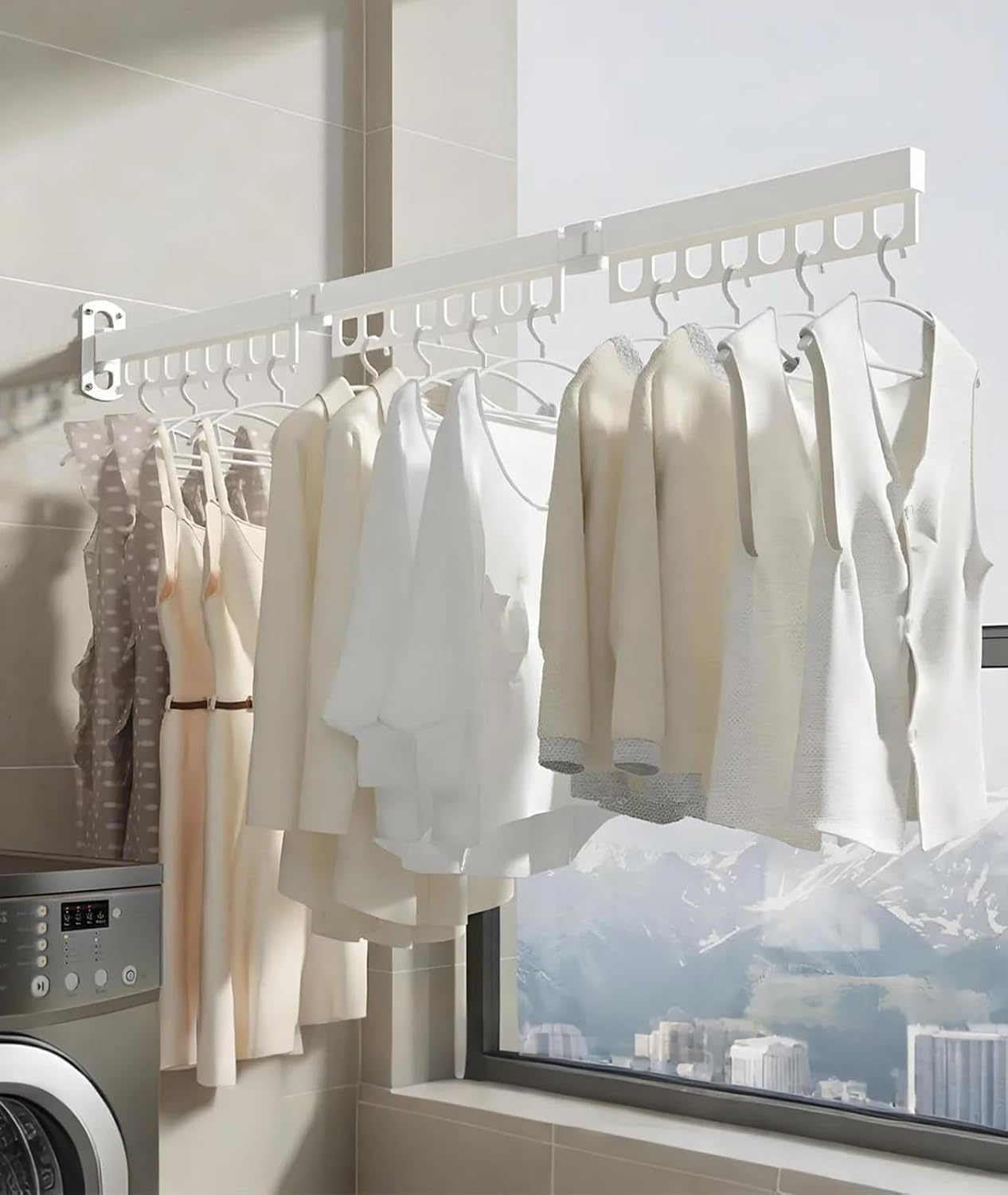 Clothes Drying Rack - Laundry Space Saver Wall Mounted, Retractable, Collapsible(Tri-Fold), White Color Rack Clothing (with Screws)