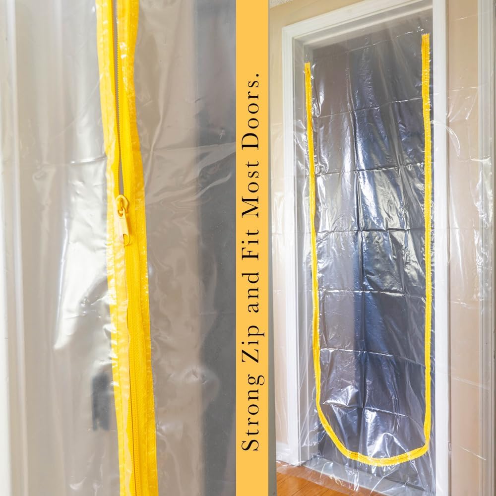 PAD 'N PROTECT Zipper Door Dust Barrier with U-Shape Zipper Door, 4' x 7.2', 4mil, Heavy Duty Dust Barrier U Zipper & Flap Hooks, Double Sided Tape, Easy Install, Yellow Zip, Ready to Use