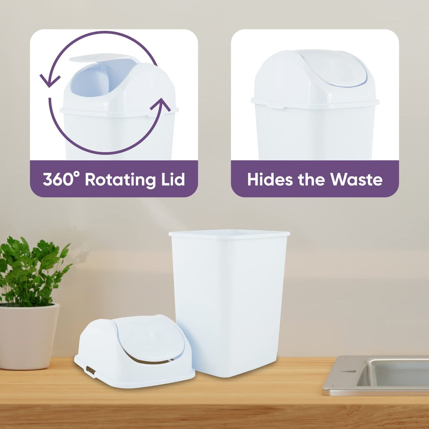 Superio Mini Desktop Trash Can with Swing Top Lid Portable Plastic Garbage Can for Countertop, Desktop, Make up Vanity, Bathroom, Car, Under Sink, Dorm, Compact Waste Bin 5 L 1.25 Gal (2, White)