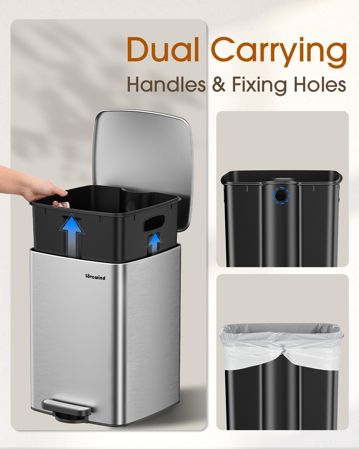 Lovewind Kitchen Trash Can with Lid, 5.2 Gallon/20 L Footstep Garbage Can for Kitchen Bedroom Home Office, 20 Liter Trash Bin Brushed Stainless Steel Waste Bin with Soft-Close Lid,Silver