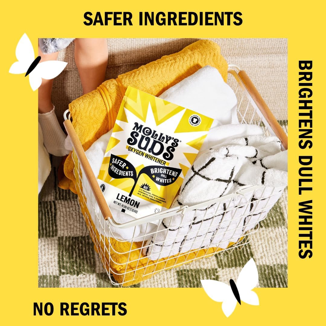 Molly's Suds Oxygen Whitener | Powerful Bleach Alternative, Chlorine Free & Color Safe | Brightens Whites and Removes Stains (Pure Lemon Essential Oil - 158 oz)