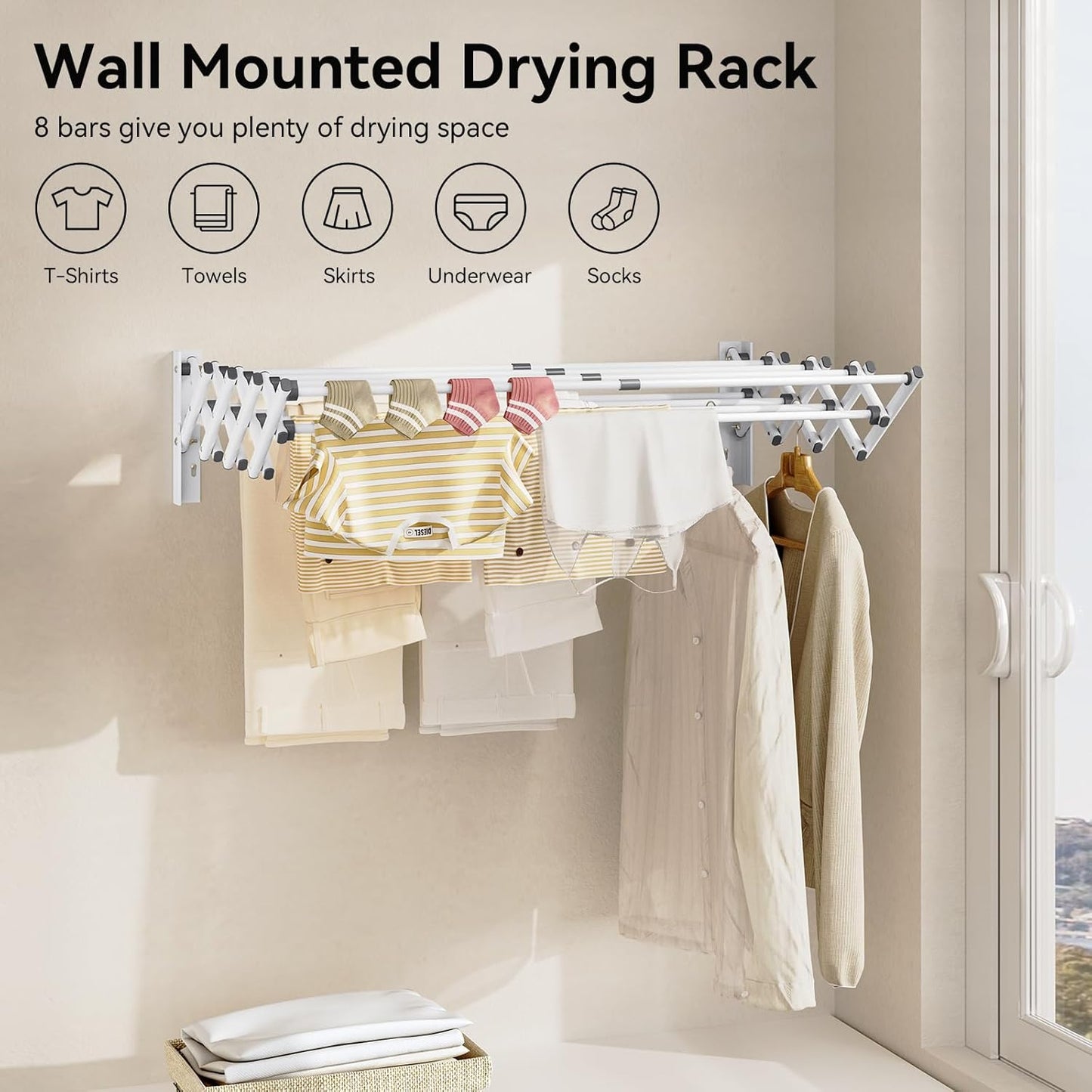 APEXCHASER Wall Mounted Clothes Drying Rack, Laundry Drying Rack Retractable, Towel Racks Wall Mounted for Bathroom Balcony Laundry Room Indoor, Foldable Accordion Dryer Rack for Clothing, White