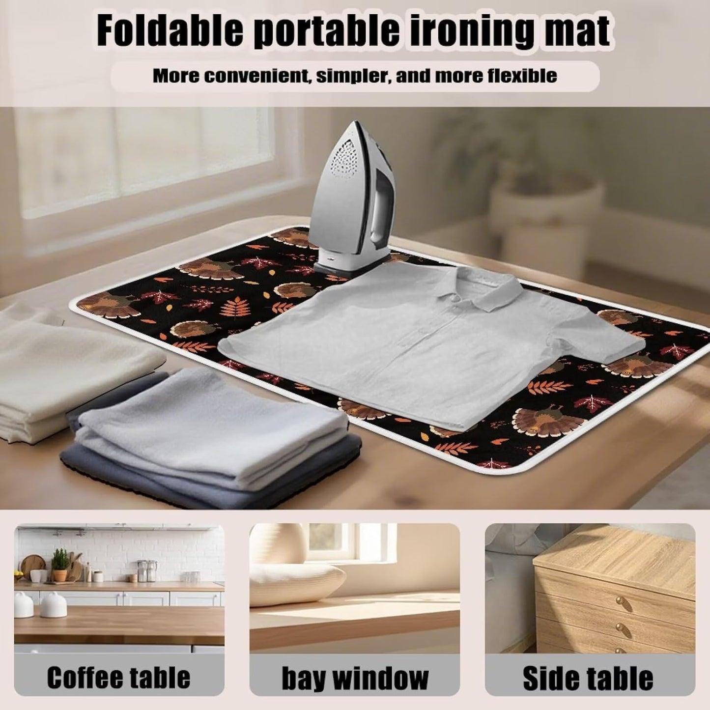 Cute Ironing Mat for Table top Washer,Dryer,Countertop,Turkey Portable Iron Pad Blanket for Washer Dryer Countertop Travel 32 x 16 Inch Thanksgiving Small Ironing Pads, Black