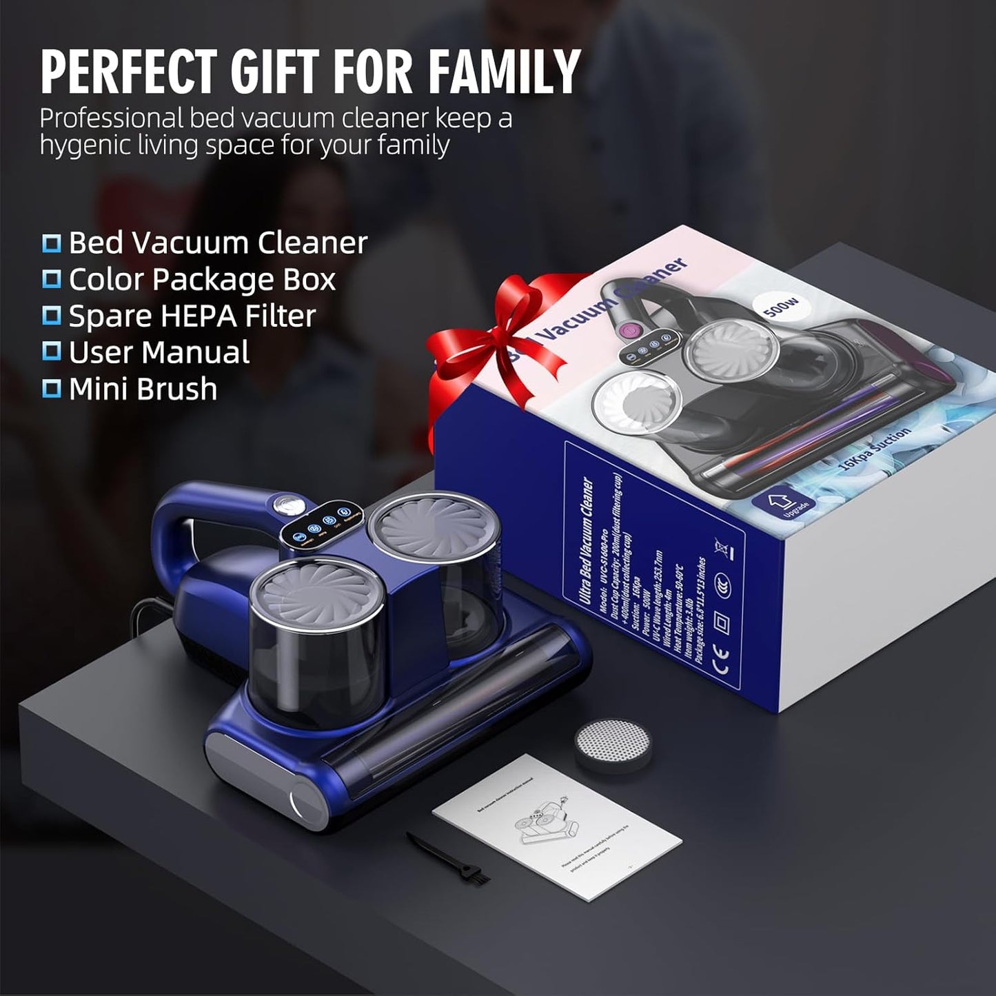 Mattress Vacuum Cleaner, 16Kpa Bed Vacuum Cleaner with 253.7nm UV-C Light & Heating & Ultrasonic Quintuple Tech & 30000 RPM/Min Brushroll Rotation, Widened Suction Port, 500W, Corded