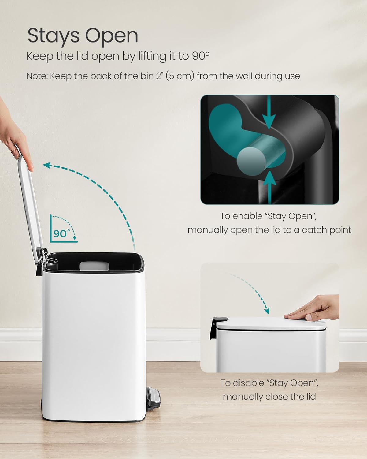 SONGMICS Kitchen Trash Can, 5.2-Gallon (20 L) Trash Bin, Stainless Steel Garbage Can, with Inner Bucket, Soft Close and Stays Open, Cloud White ULTB592W01