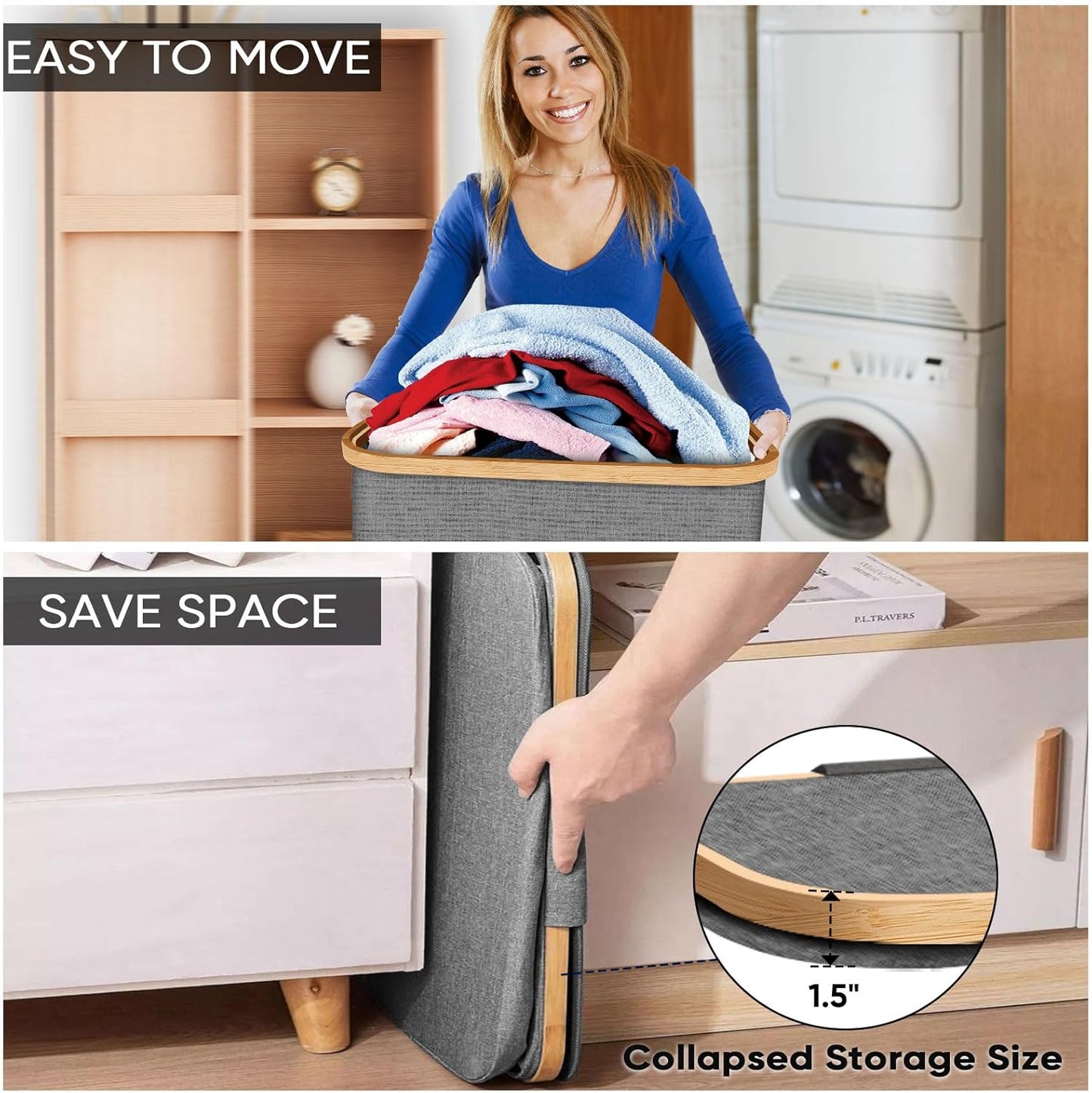 BALEINE Laundry Hamper with Lid, Tall Laundry Baskets with Bamboo Pull Handles, Large Laundry Bin with Internal Support (26 Gal/100L, Grey)