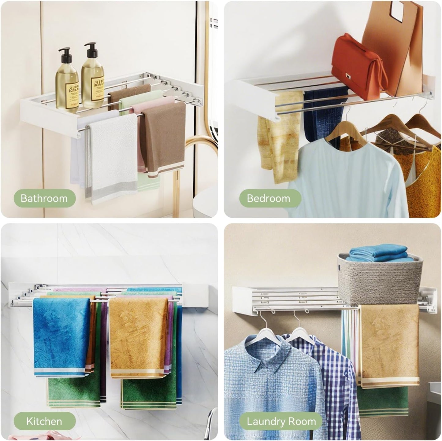 Wall Mounted Clothes Drying Rack, 5 Aluminum Rods, Collapsible, White, 32 inches (White, 32'')