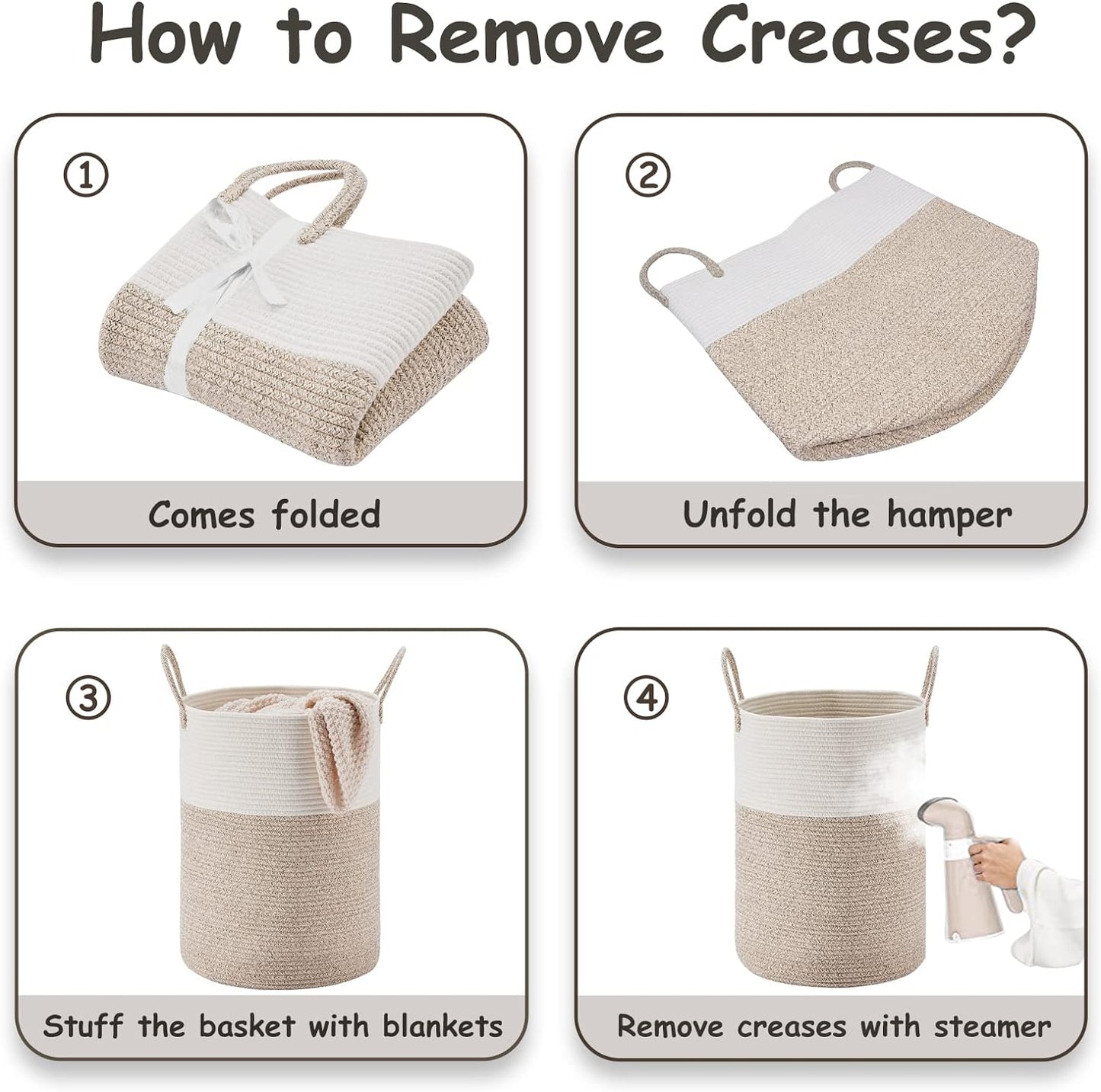 VIPOSCO Large Laundry Hamper, Tall Woven Rope Storage Basket for Blanket, Toys, Dirty Clothes in Living Room, Bathroom, Bedroom - 100L White & Brown