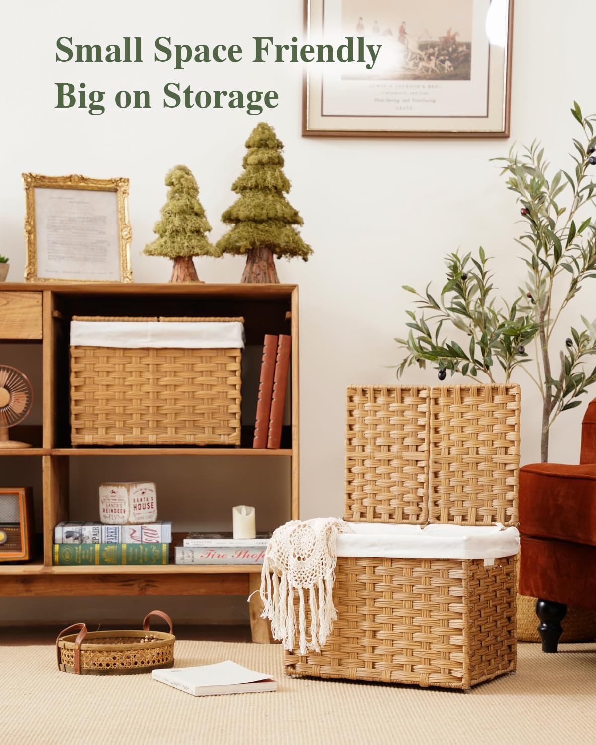 Storage Basket with Lid Woven Wicker Baskets with 2 Separate Lid, 9.2 Gallon (35 L) Wicker Storage Bins with Handles, Foldable and 2 Removable Liner Bags for Bedroom, Laundry Room Natural