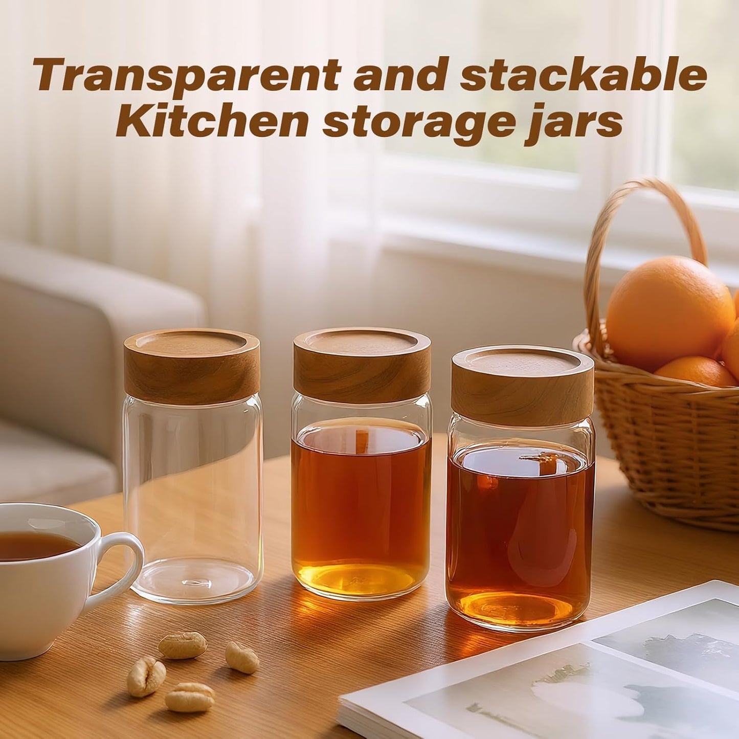 6-Pack 10 oz Airtight Food-Grade Glass Mason Jars with Acacia Wood Lids - Sealable, Waterproof & Stackable Canister Set for Overnight Oats, Dry Goods, Baking Supplies & Pantry Organization