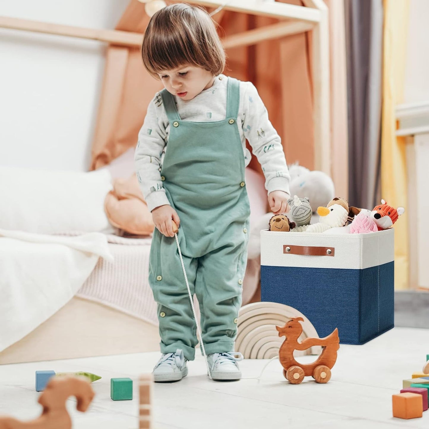 DULLEMELO 12 inch Cube Storage Bins, Gift Baskets Empty for Boy Girl Mother Father Christmas Festival,Fabric Storage Bins Cube Organizer Baskets With Leather Handles(White&Blue-4 Pack)