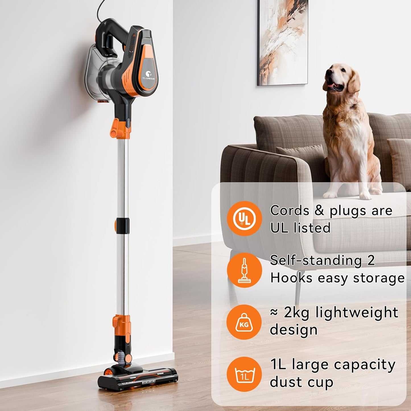 23Ft Corded Vacuum Cleaner, 600W Powerful Self-Standing Stick Vacuum for Home with 20Kpa Suction, 2 Speeds Lightweight Household Vacuum Cleaner for Carpet,Hardwood Floors and Pet Hair